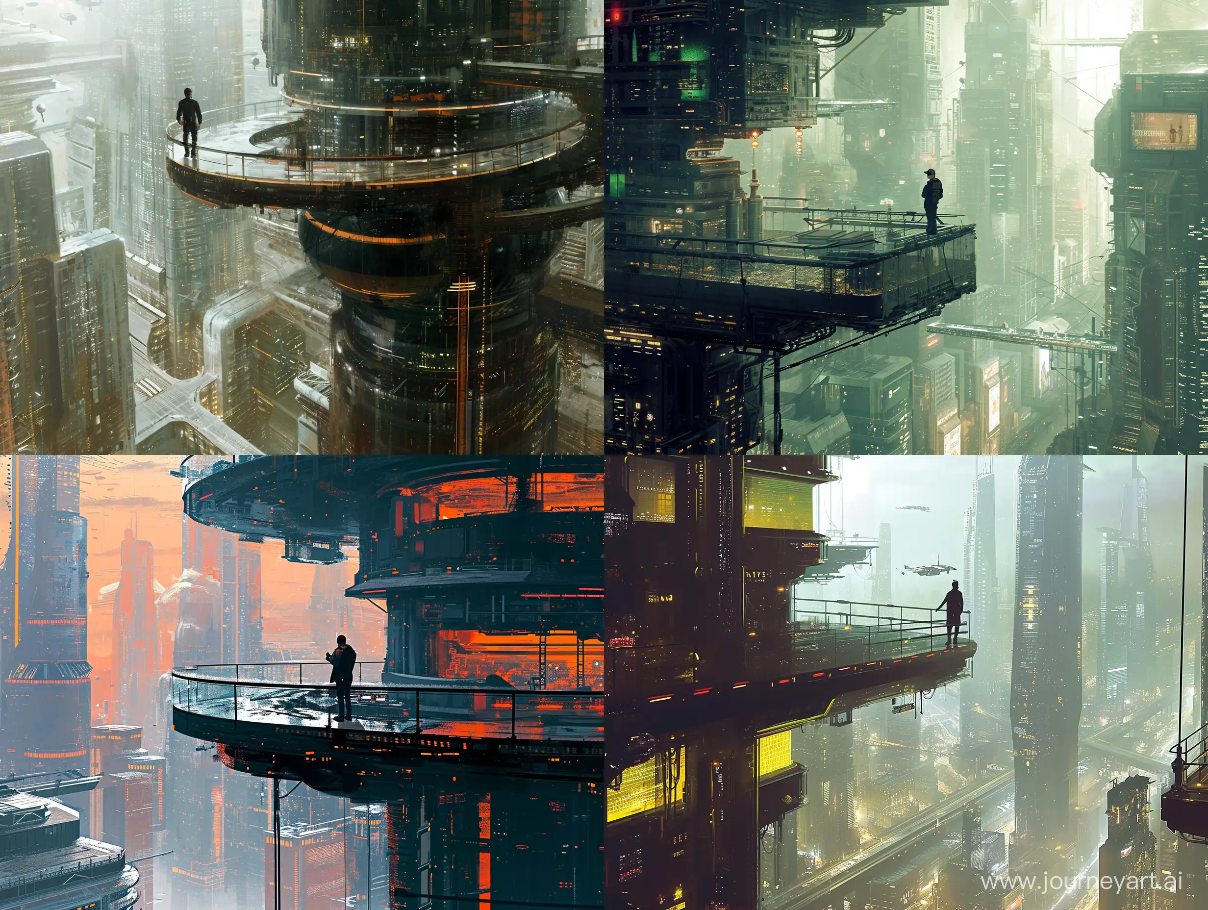 a man standing on the balcony of a building, a bustling Futuristic city, the detail on the image is insanely perfect, sci fi, modern, busy environment, naturalism, vibrant, transportation, cinematic, soft visuals to match the mood, modern architectures, dystopian, ancient skyscrapers and buildings, residences,
