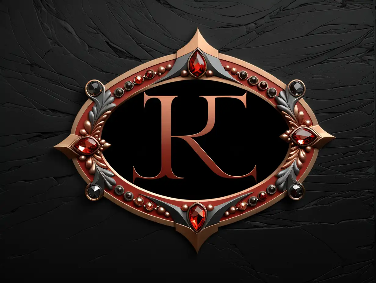 Elegant Russet Red and Bronze Company Logo with Charcoal Gray and Jewel Accents on Black Background