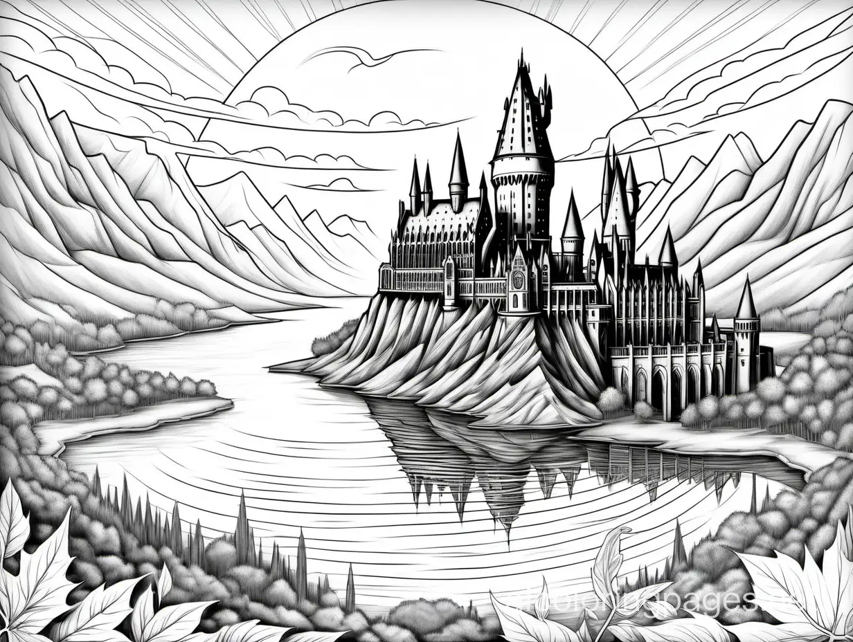 The Time-Turner is placed in the foreground, with the entire Hogwarts School visible in the distance over the lake at sunset., Coloring Page, black and white, line art, white background, Simplicity, Ample White Space. The background of the coloring page is plain white to make it easy for young children to color within the lines. The outlines of all the subjects are easy to distinguish, making it simple for kids to color without too much difficulty