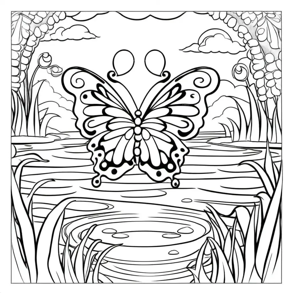 Vibrant Butterfly Coloring Pages Tranquil Lake Scene