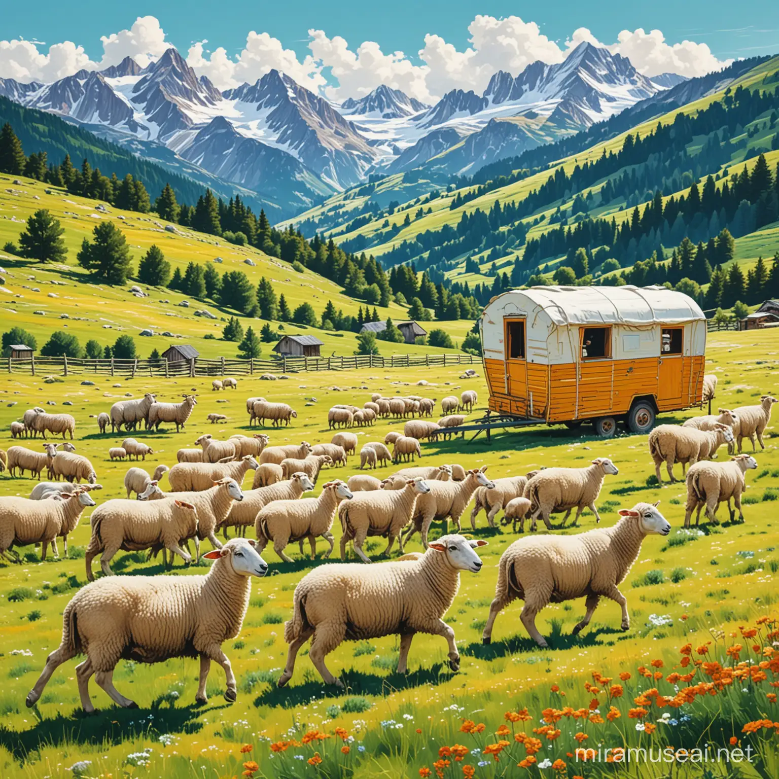 schafherde auf Almwiese, Schäfer mit schäferwohnwagen holz, popart painting, clear contrast colour, 