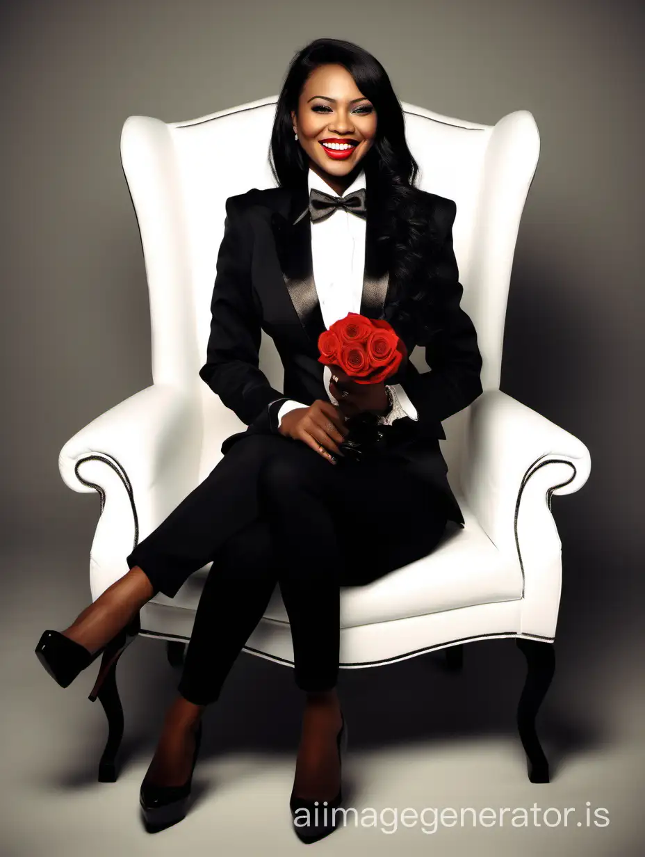 A beautiful smiling and laughing malaysian woman with dark skin, long black hair, and lipstick is sitting on a couch looking at the viewer.  The room is dark. She is wearing a tuxedo with a black jacket and black pants.  Her shirt is white with double french cuffs and a wing collar.  Her bowtie is black.   Her cufflinks are large and black.  She is wearing shiny black high heels. Her jacket is open.  Her corsage is a red rose.