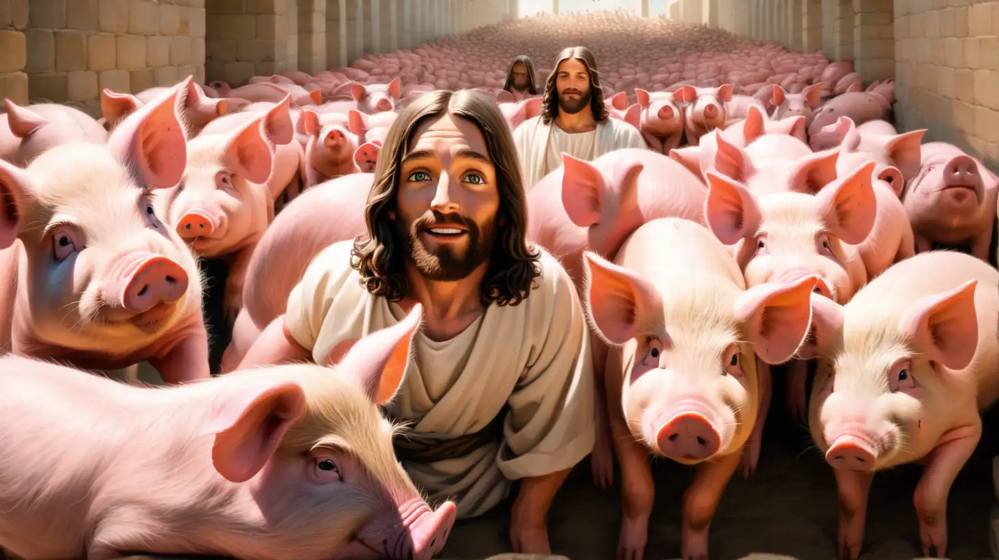 CloseUp Depiction of Jesus with Pigs Spiritual Encounter in the Barnyard