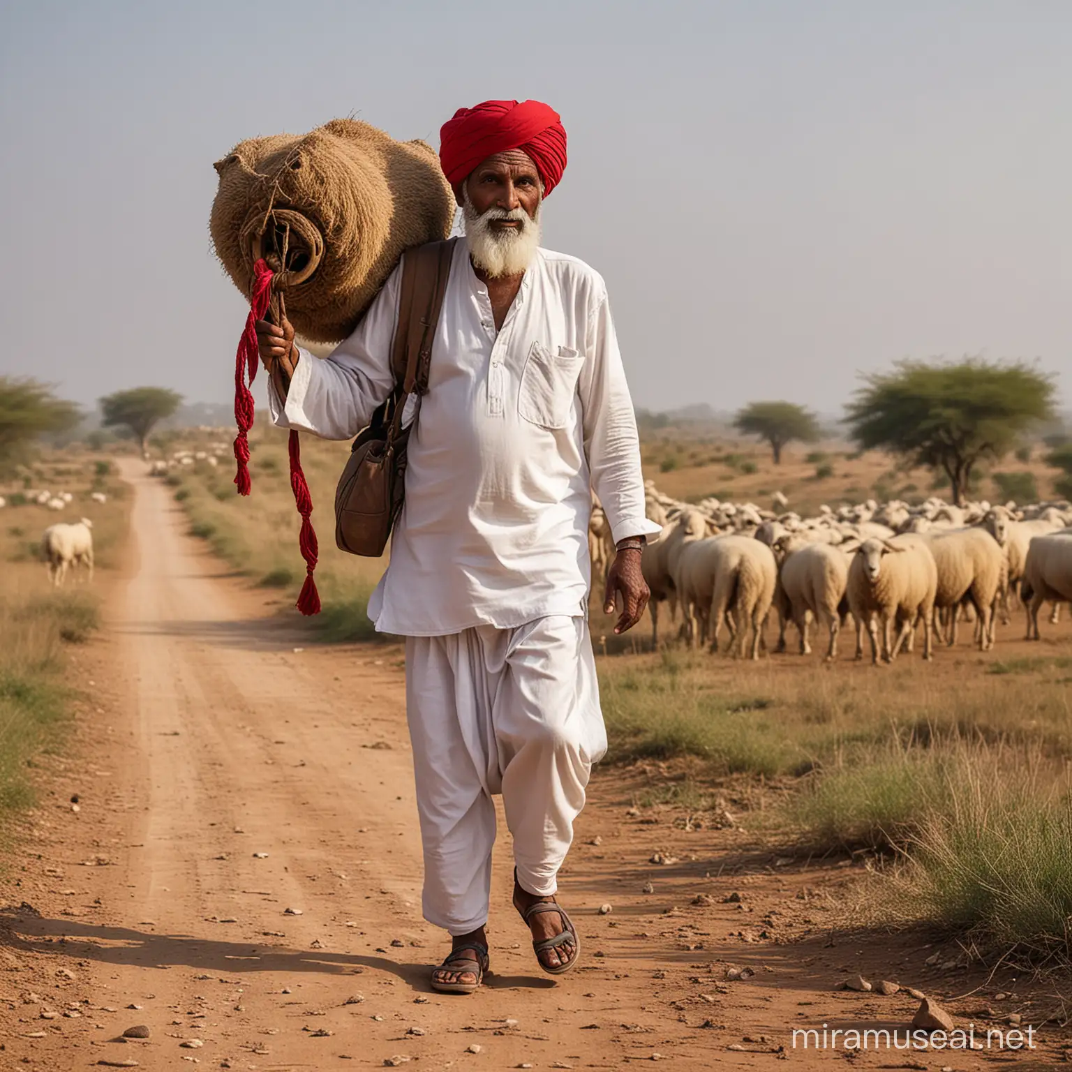 80 years old rabari man rajastha n dark skin  india with beard  in white clothing red turban  is  walking ina old  rajasthan landschape with a sheep in his hands  full wide  total body foto realistisch detailted fuji xt3  