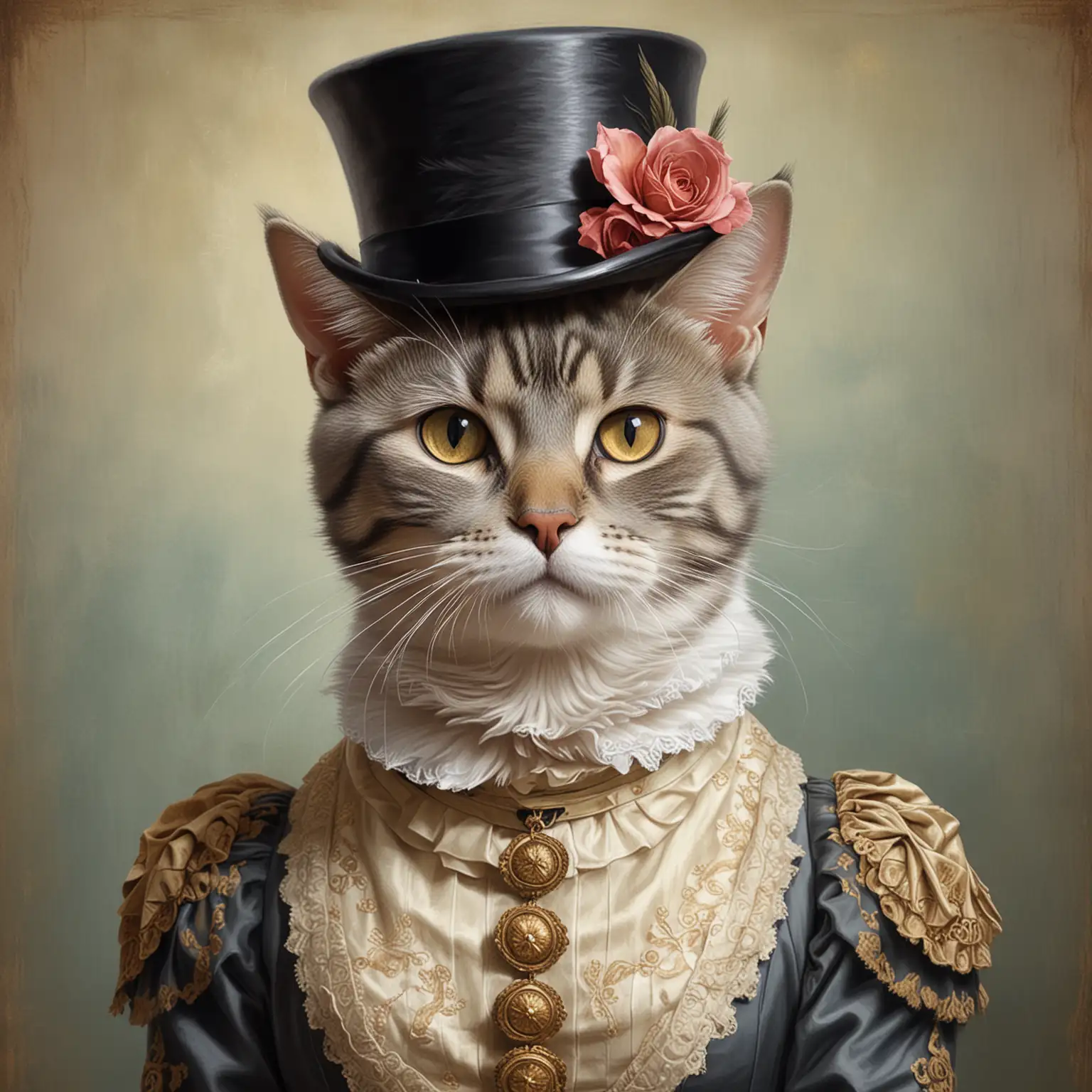 create a full figure drawing portrait, Fresco of a  female short-haired Scottish cat in a top hat and ornate female clothing, Victorian style, painting.