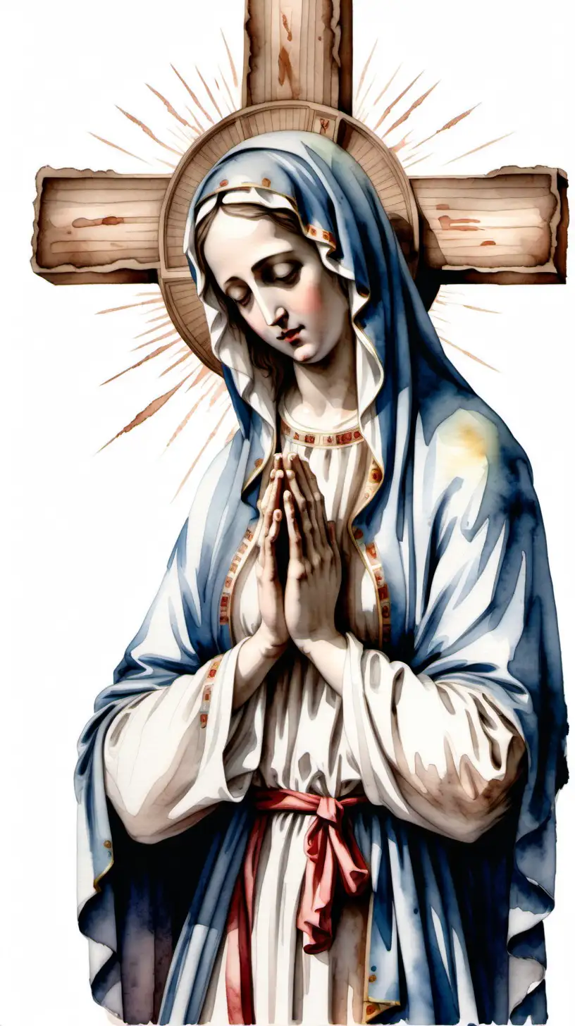 The Virgin Mary, praying in front of a wooden cross, white background, extreme detailed watercolor style 