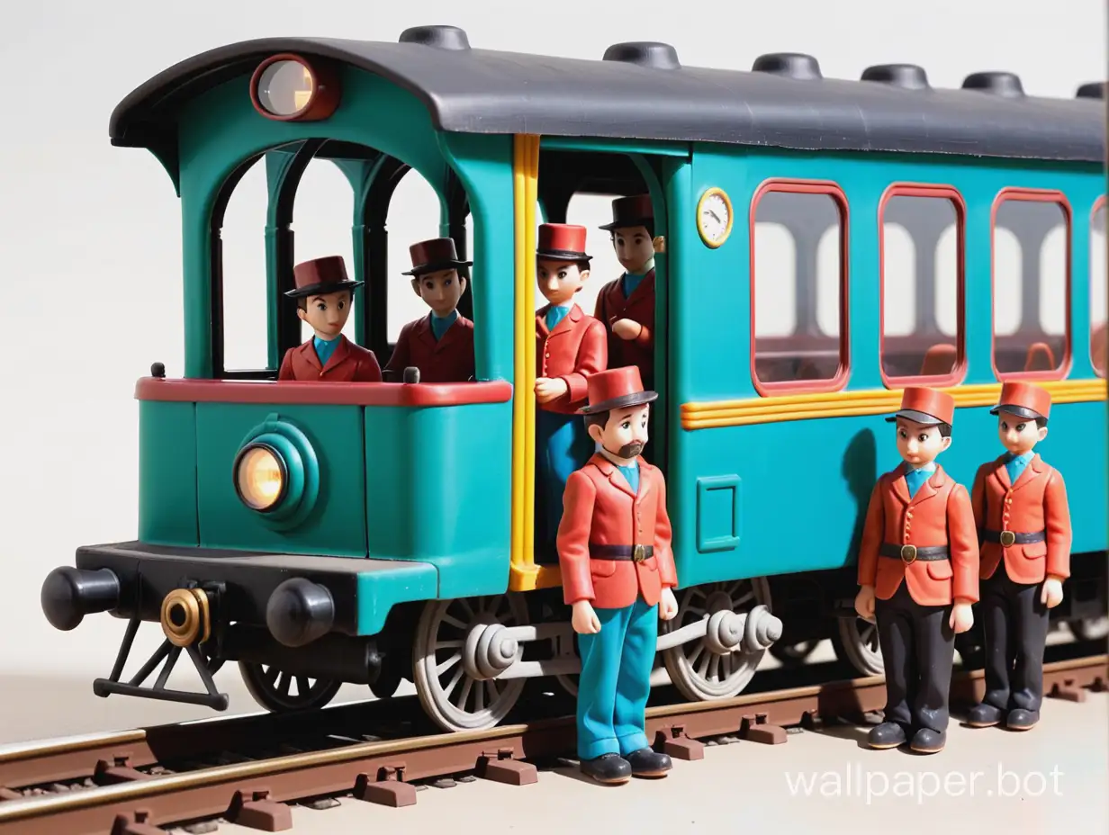 A train at a station with plasticine porters with looking-glass ties.