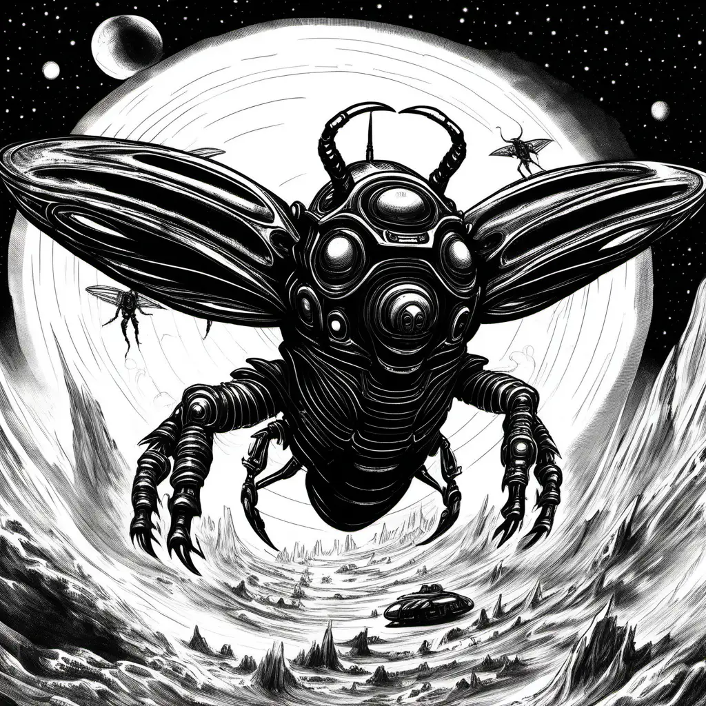 Krom, the dark beetle, giant monster, landing on earth  in a spaceship, 
