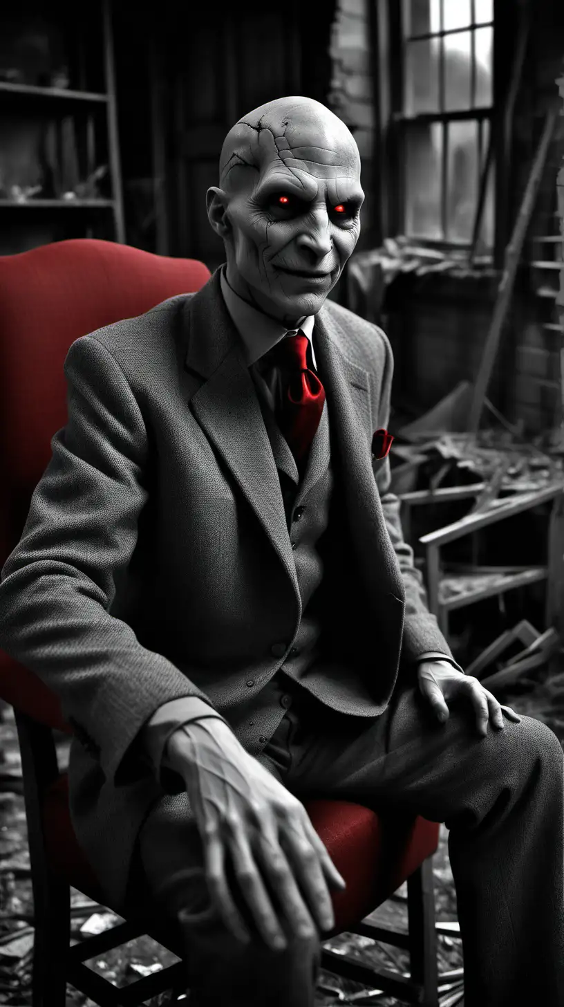 black and white, sin city style, night, a little smiling Lord Voldemort with red eyes, dressed in grey tweed suit and grey tweed cap, black shirt and red necktie, sitting on  red dusty chair, broken furniture of abandoned house on background, hyper-realistic