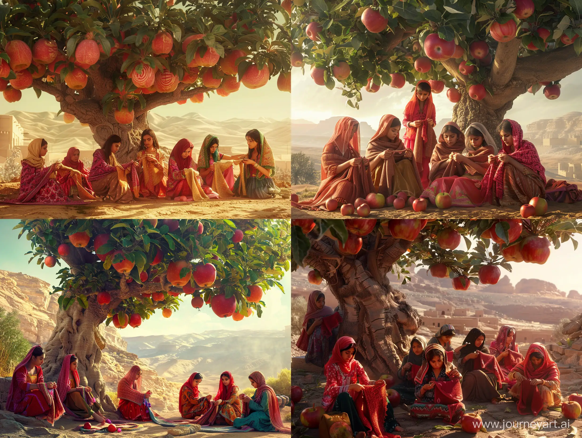 Beautiful Persian women and girls are knitting shawls under a giant apple tree with watermelon-sized apples, they are out of town. in a desert, in an ancient civilization, cinematic, epic realism,8K, highly detailed, long shot technique, backlit 