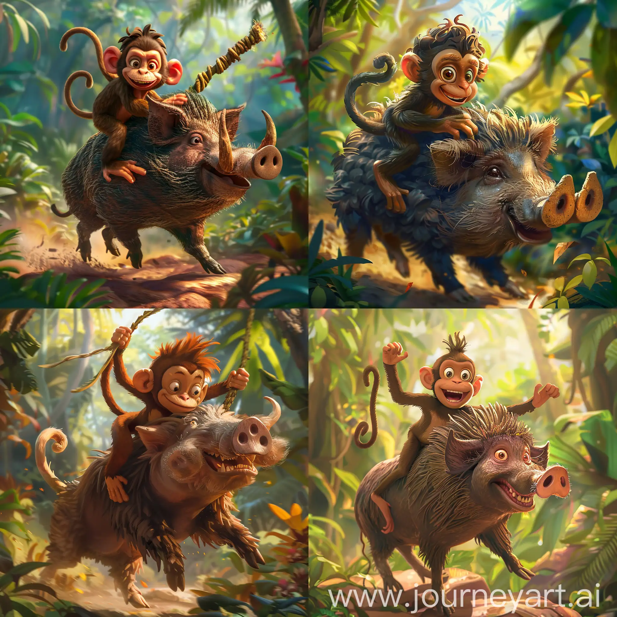 A playful scene featuring a mischievous monkey riding a sturdy boar, rendered in a whimsical, animated style reminiscent of classic Disney cartoons. The monkey is shown holding onto the boar's rough fur with a gleeful expression, while the boar is depicted with realistic textures and dynamic movement. The background features a lush, jungle setting with vibrant foliage and dappled sunlight filtering through the canopy above. --s 150 --ar 1:1 --c 5