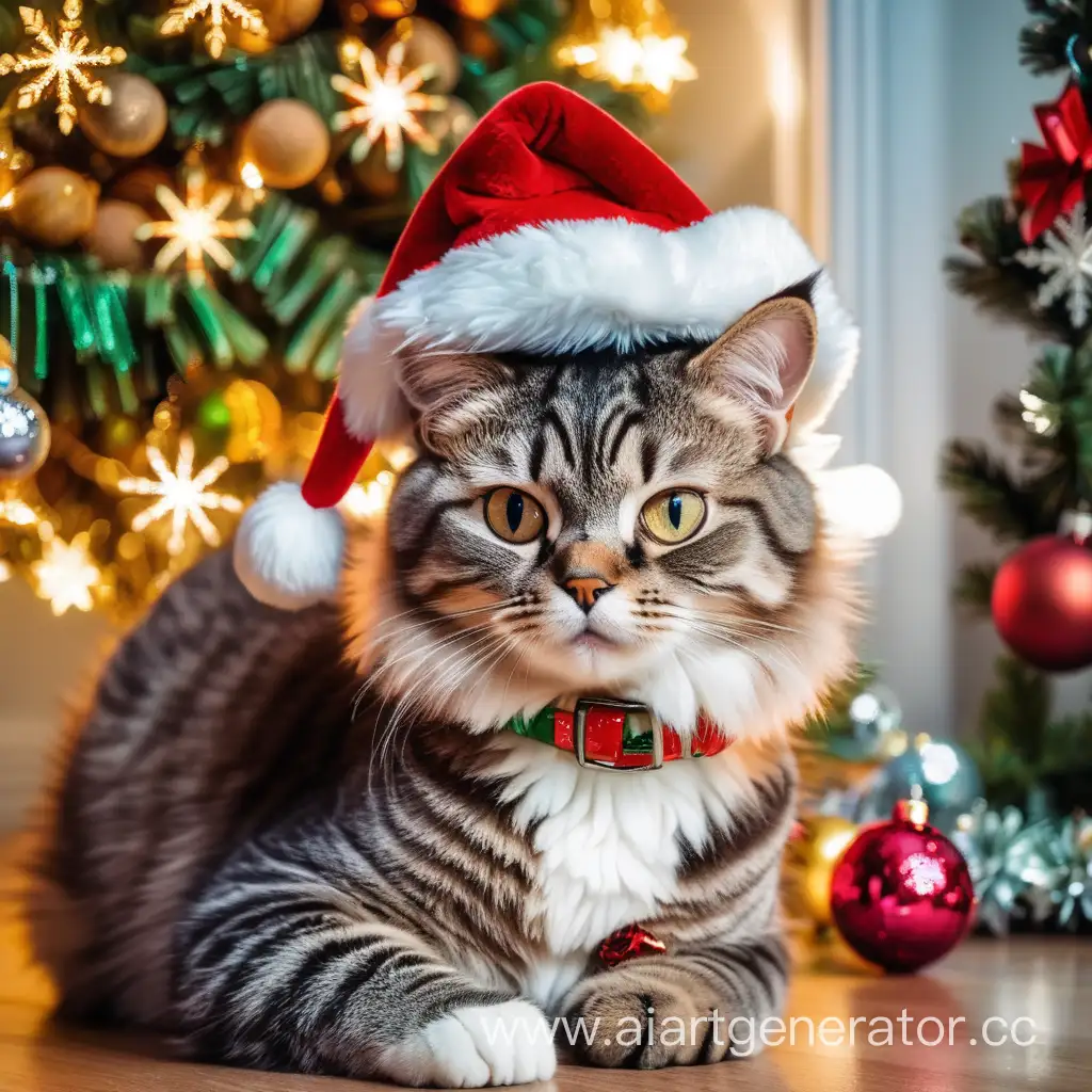 Кот в новогоднем колпаке у елки с гирляндами