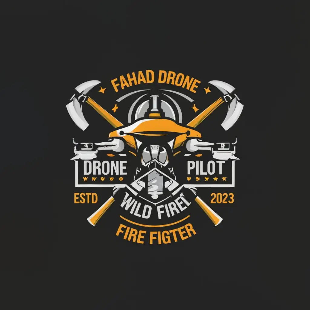 a logo design,with the text "Fahad Drone Pilot Wild Fire Fighter", main symbol:DRONE,PULASKI, axe, fire fighter, Drone ,Moderate,clear background