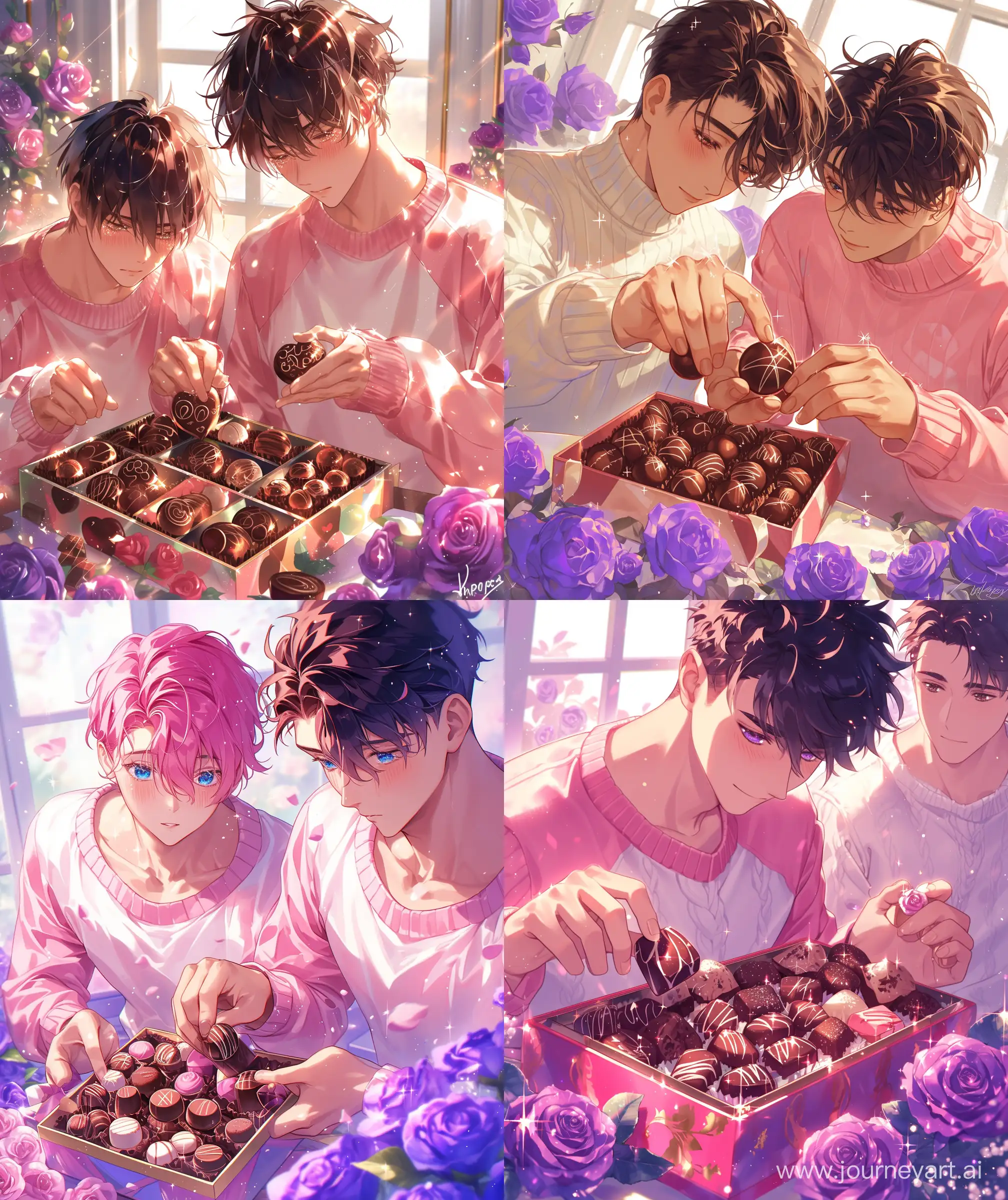 Anime style handsome two young men , decorating box of chocolates, many chocolates, wearing pink and white sweater, romantic, purple flowers, purple rose, lovey look, glistening, upper body look, ultra hd, High quality --ar 27:32 --niji 6