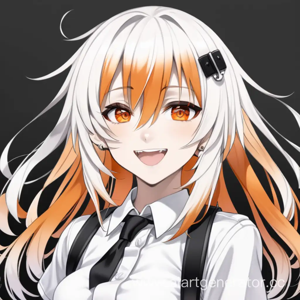 funny adult anime virtual singer emo femboy who dressed in white and with a beautiful white hairpin with loose long orange hair and black eyes that's grins mysteriously