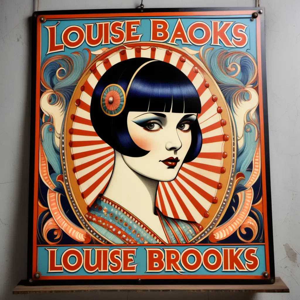 vintage english fairground sign of Louise Brooks in the style of Ivan Bilibin
