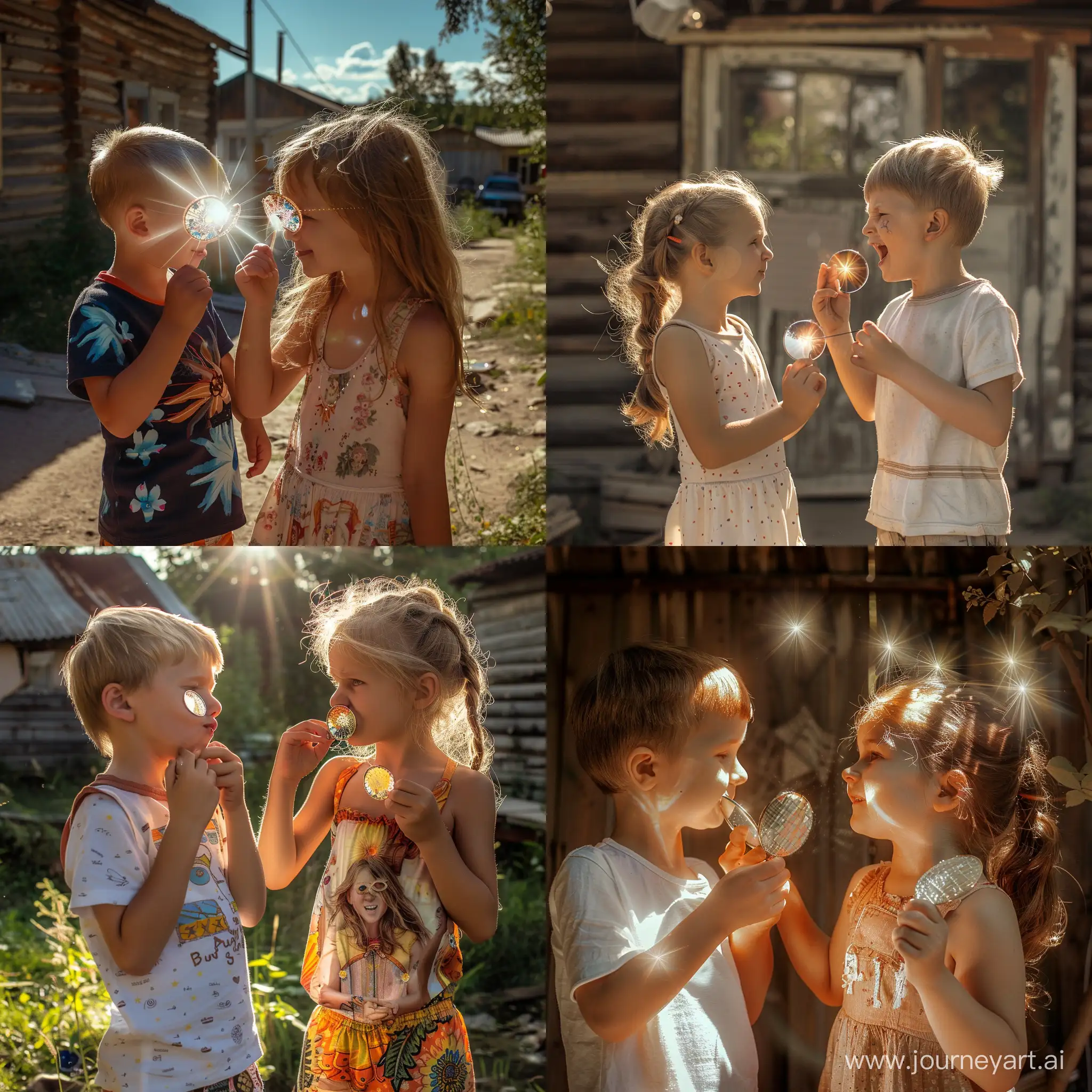 Мальчик и девочка веселятся, играют, и маленькими зеркальцами создают друг на друге солнечные блики, "солнечных зайчиков", от которых жмурятся, летний солнечный день в русской деревне, фотография, гиперреализм, высокое разрешение