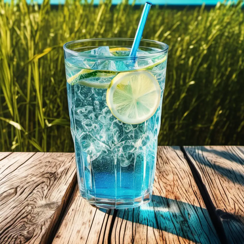 Refreshing Sparkling Water Drink with Multicolored Straw on Wooden Table Under Azure Sky