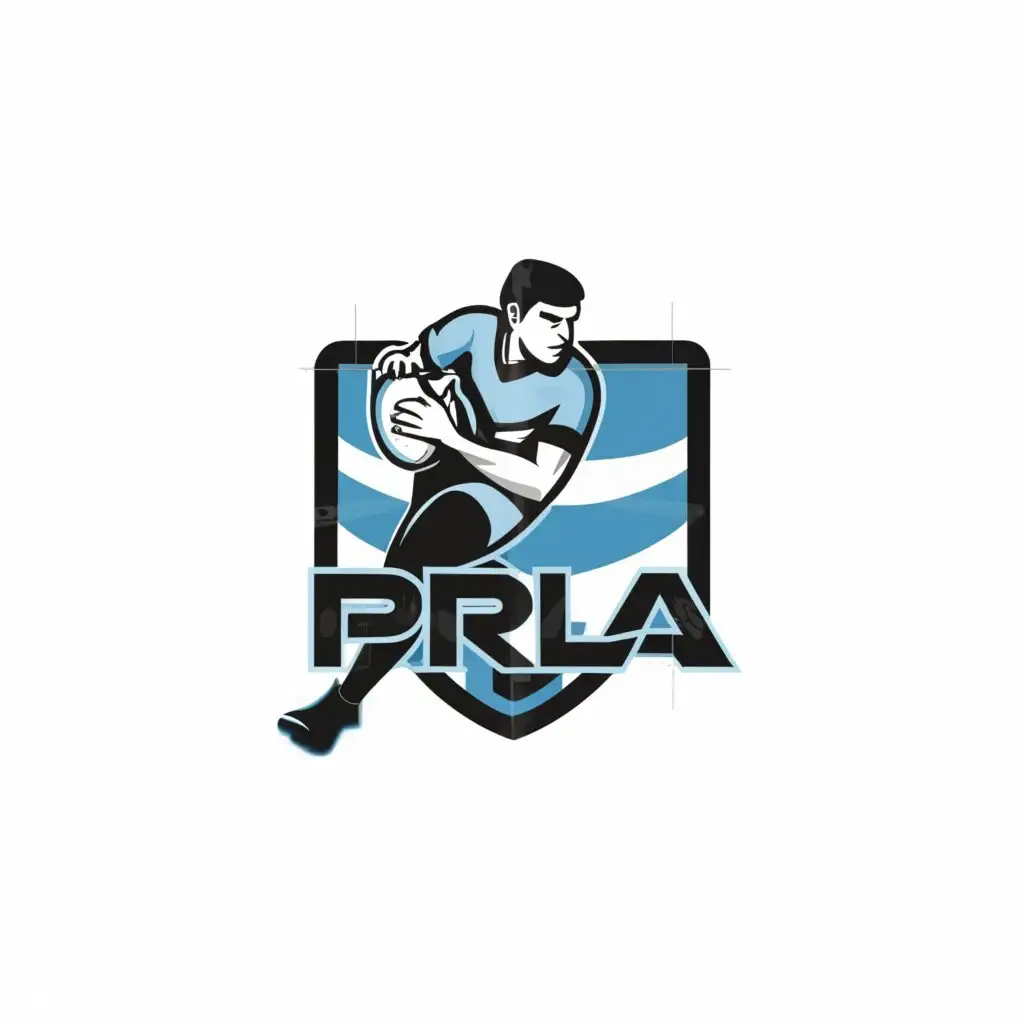 a logo design,with the text "PRLA", main symbol:Man passing the Rugby league ball under the post. Make it professional Rugby league logo with sky blue, white, black and grey colour,Minimalistic,be used in Sports Fitness industry,clear background