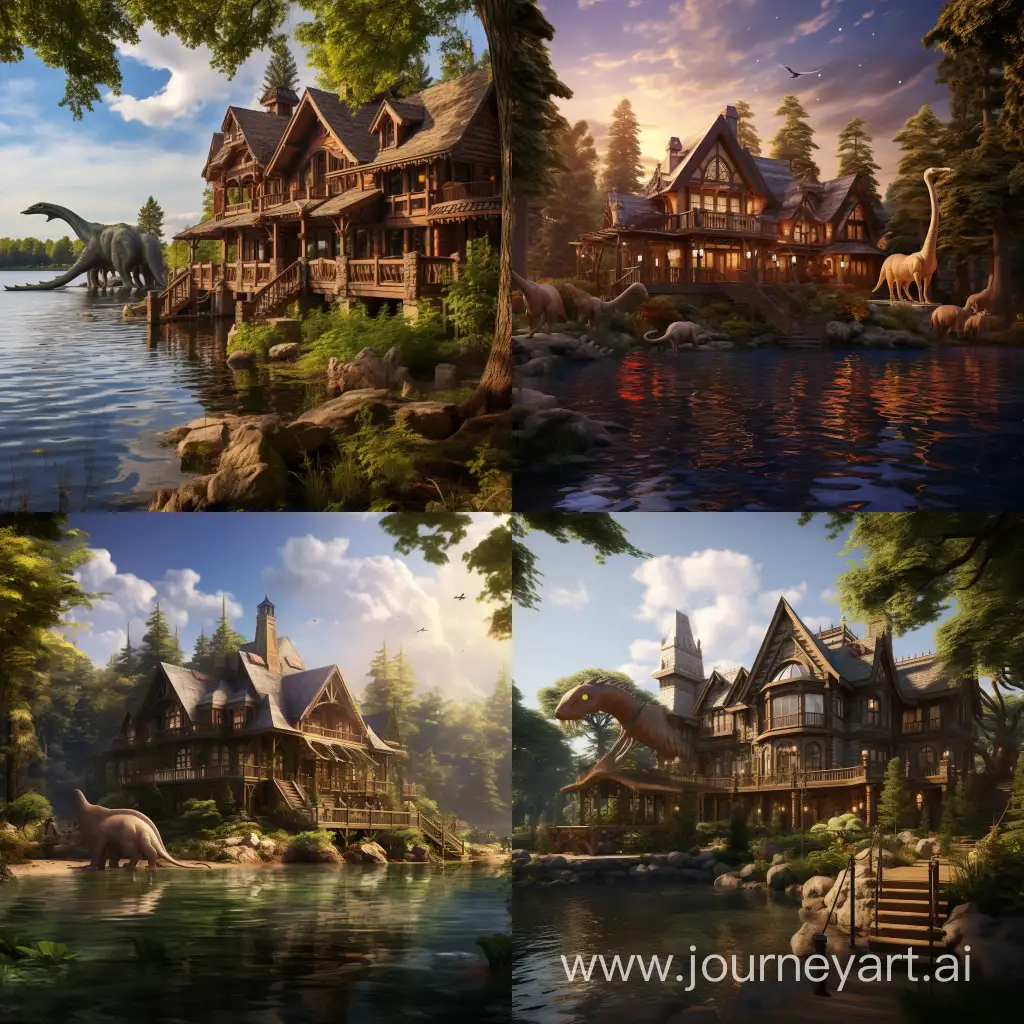 Prehistoric-Lakeside-Wooden-Mansion-with-Dinosaurs
