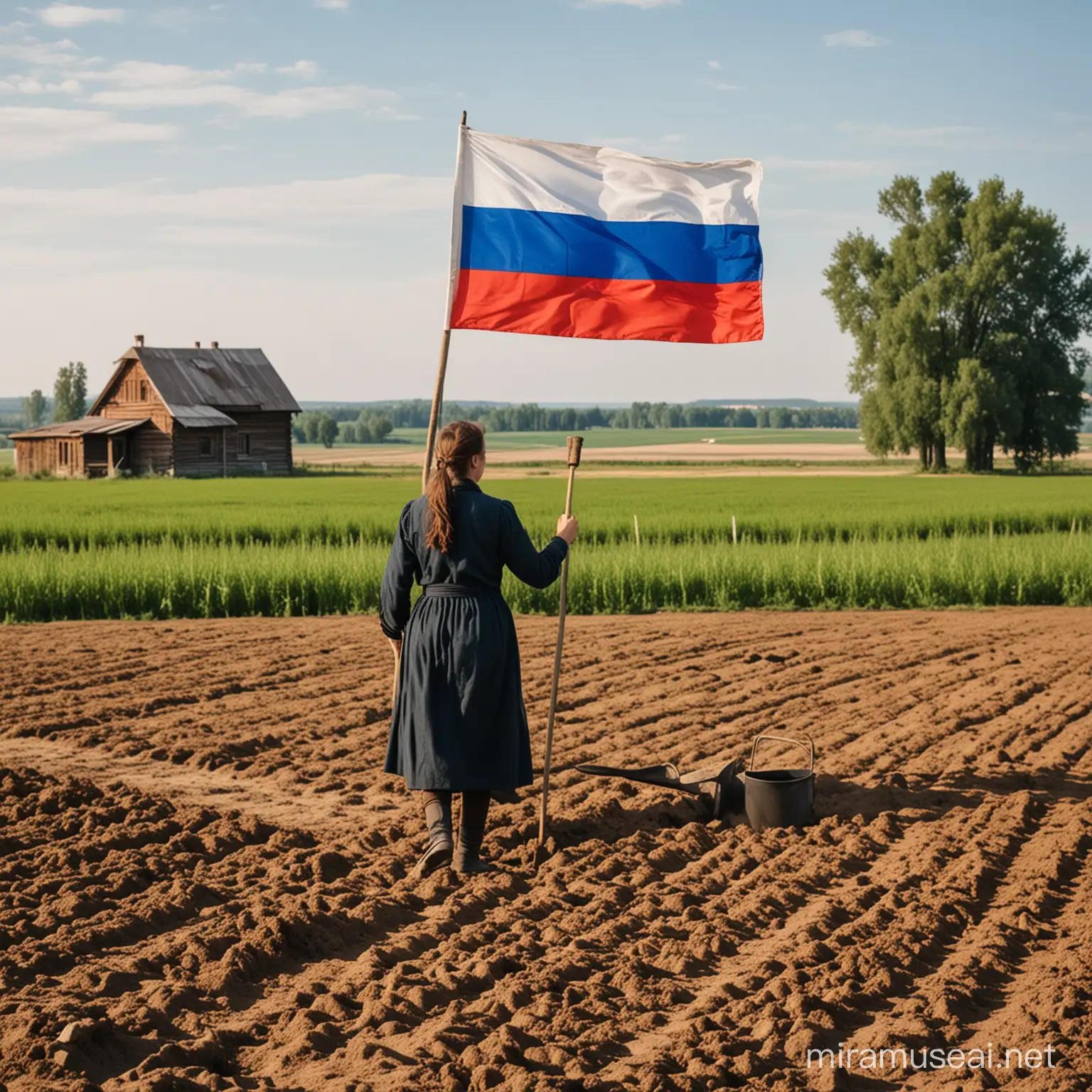 An optimistic pioneer plants a russian flag in a field with a farmhouse in the background