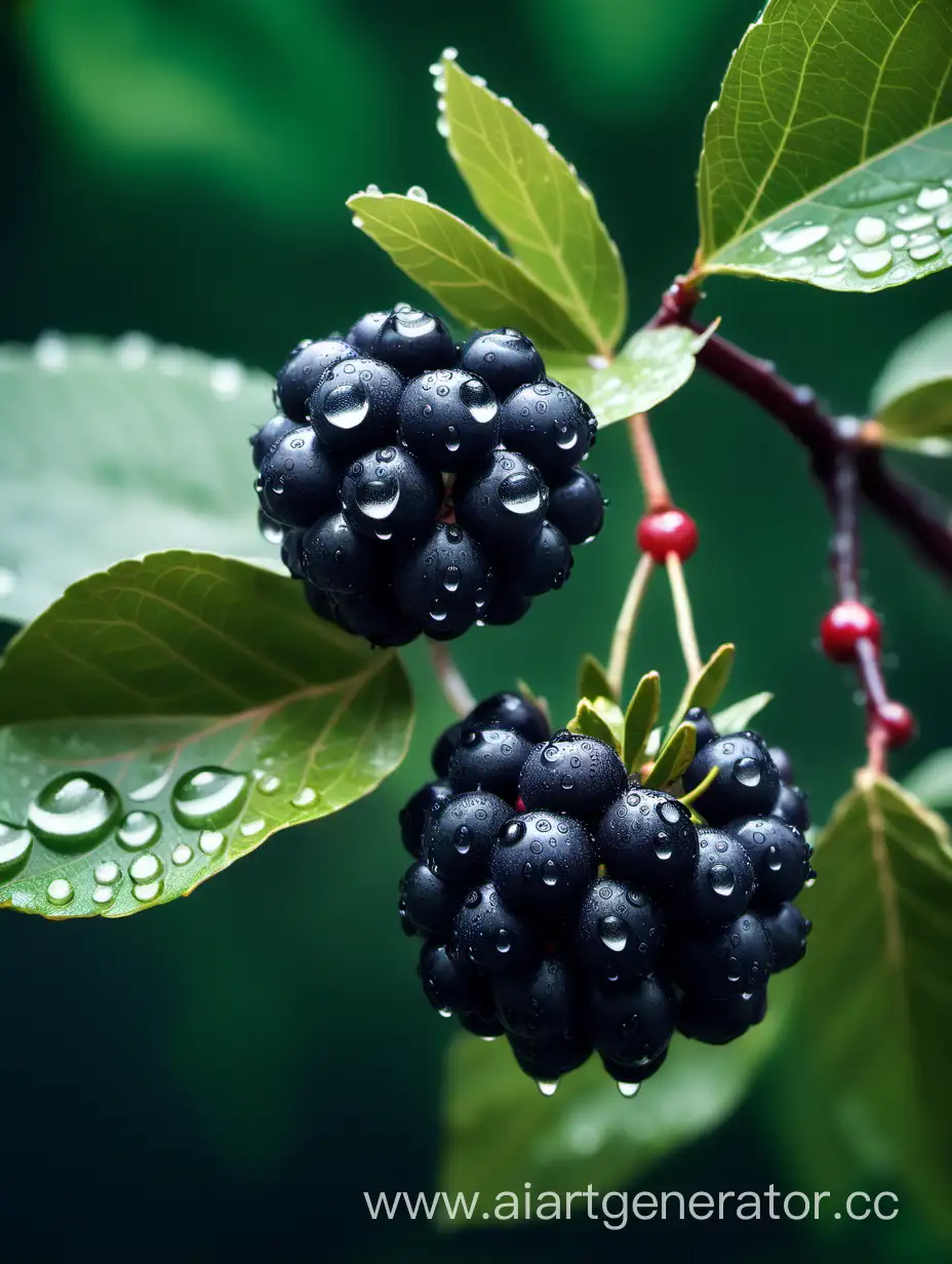 Aronia FRUIT blue dark green with big flower with water drops background