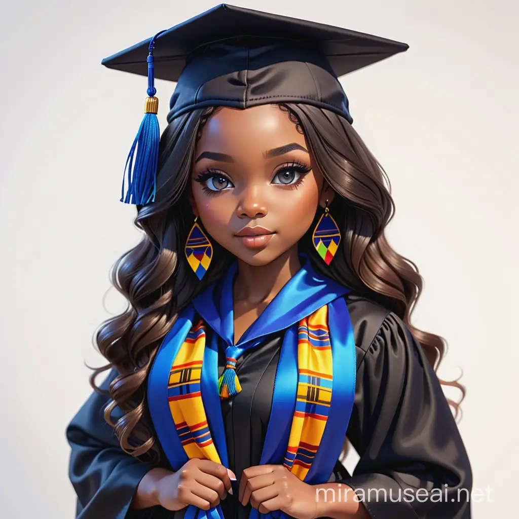 envision realistic, gorgeous, chibi style black woman, with impeccable makeup, long wavy hair, dressed in a black cap and gown with a royal blue tassel, and kente cloth graduation stole
