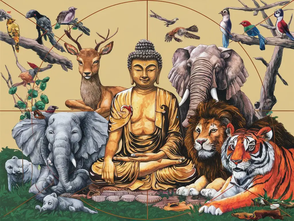 Buddha-Surrounded-by-Animals-in-Makoto-Shinkai-Studio-Ghibli-Style
