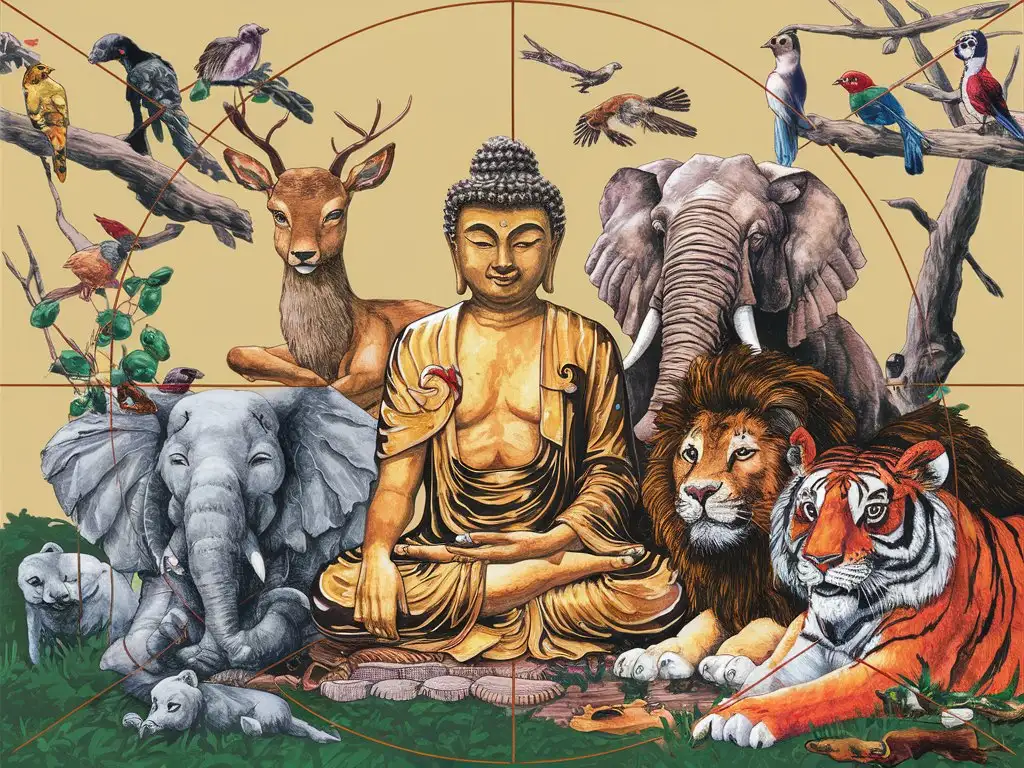 Buddha next to animals: deer, elephant, lion, tiger, birds, golden ratio, faux details, pixiv trend fanbox, acrylic mastichin, Makoto Shinkai Studio Ghibli Genshin Impact style James Gilliard, Greg Rutkowski. Chiho Aoshima. Beeple ArtStation