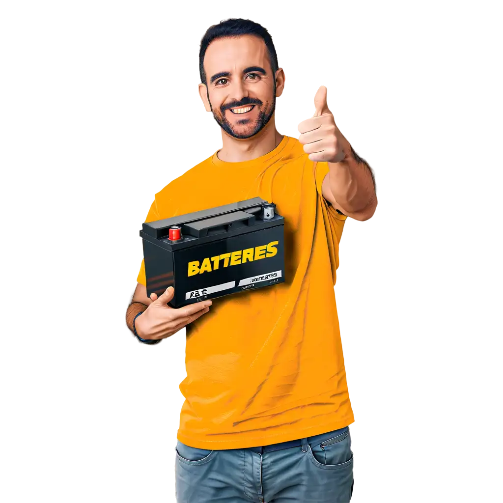 car mechanic in yellow t shirt written "PAS Batteries" with a car battery