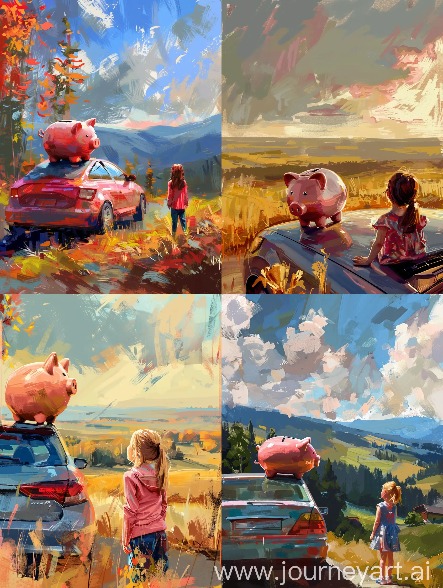Girl-Admiring-Landscape-with-Piggy-Bank-on-Car-Digital-Drawing-with-Oil-Stylization
