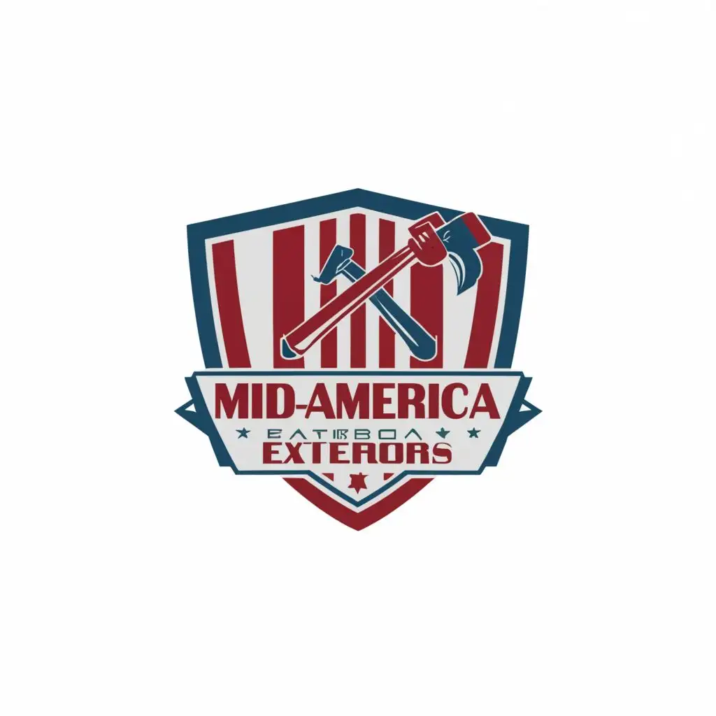 a logo design,with the text "MID-AMERICA EXTERIORS Roofing • Siding • Windows • Doors • Gutters", main symbol:Simple 1950s style ART DECO SHIELD with hammer and saw integrated into the design,bauhaus font text, red, white and blue, be used in Construction industry