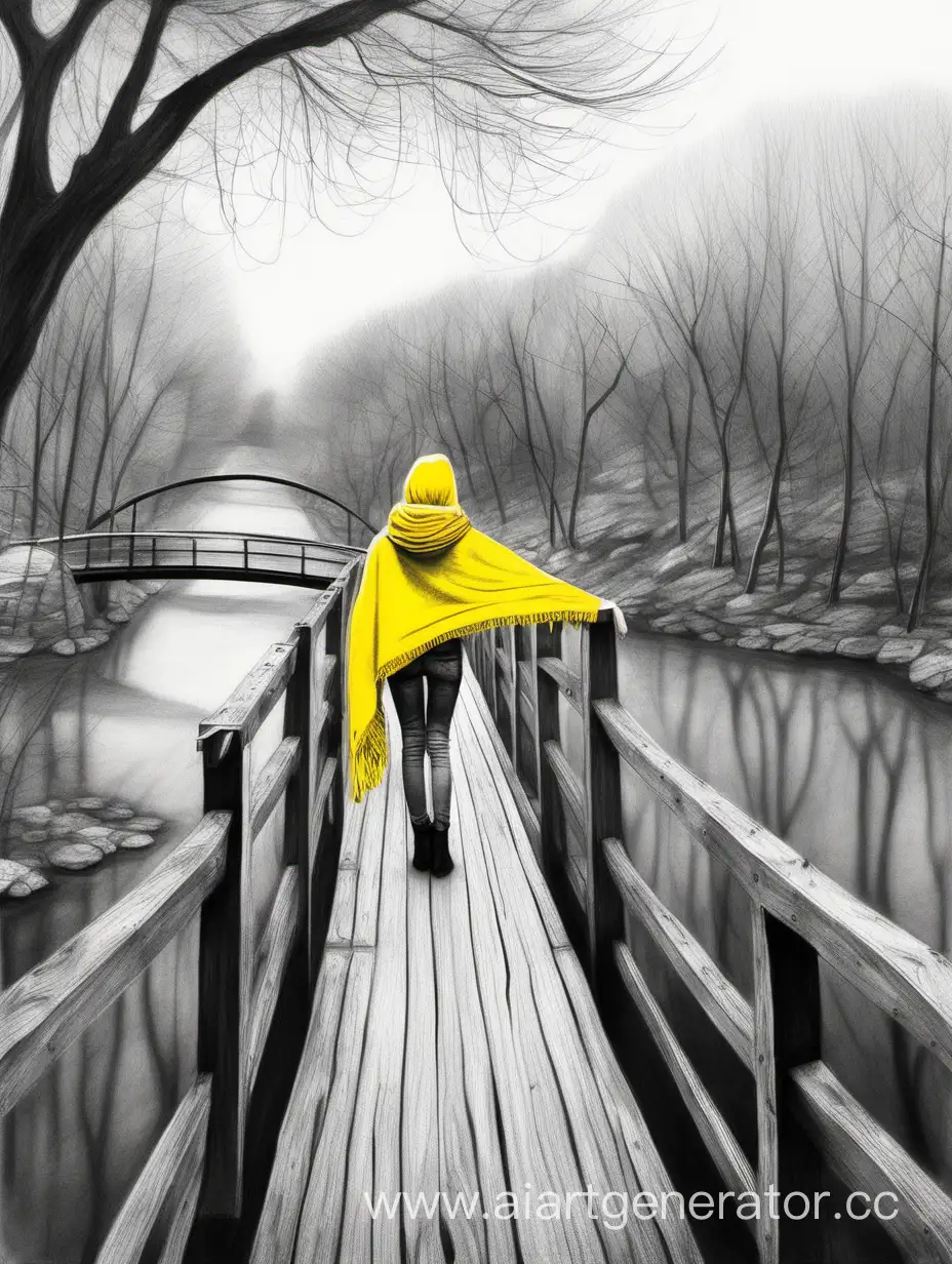 Emotional-Girl-on-Spring-Bridge-Pencil-Art-Elicits-Loneliness-with-Yellow-Accents