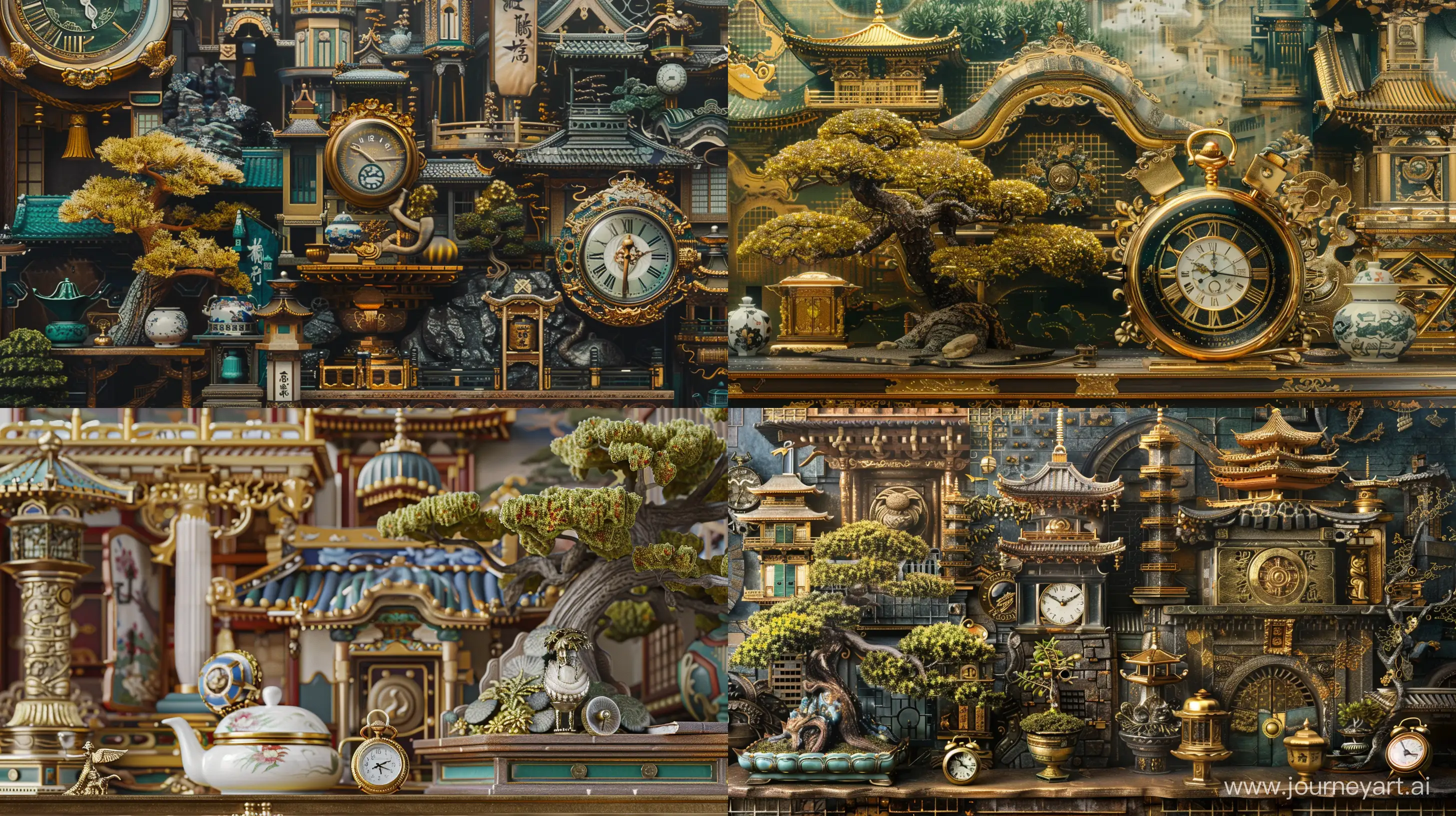 **elegantism, insane detail, painting masterpiece ,Extreme authentic decor , pocket watch, bonsai, porcelain, perfect exact rendering, embellished and intricate architectural ornamentations, many Japan artifacts and  architecture, gold, greebles::2 --ar 16:9 --q 1  