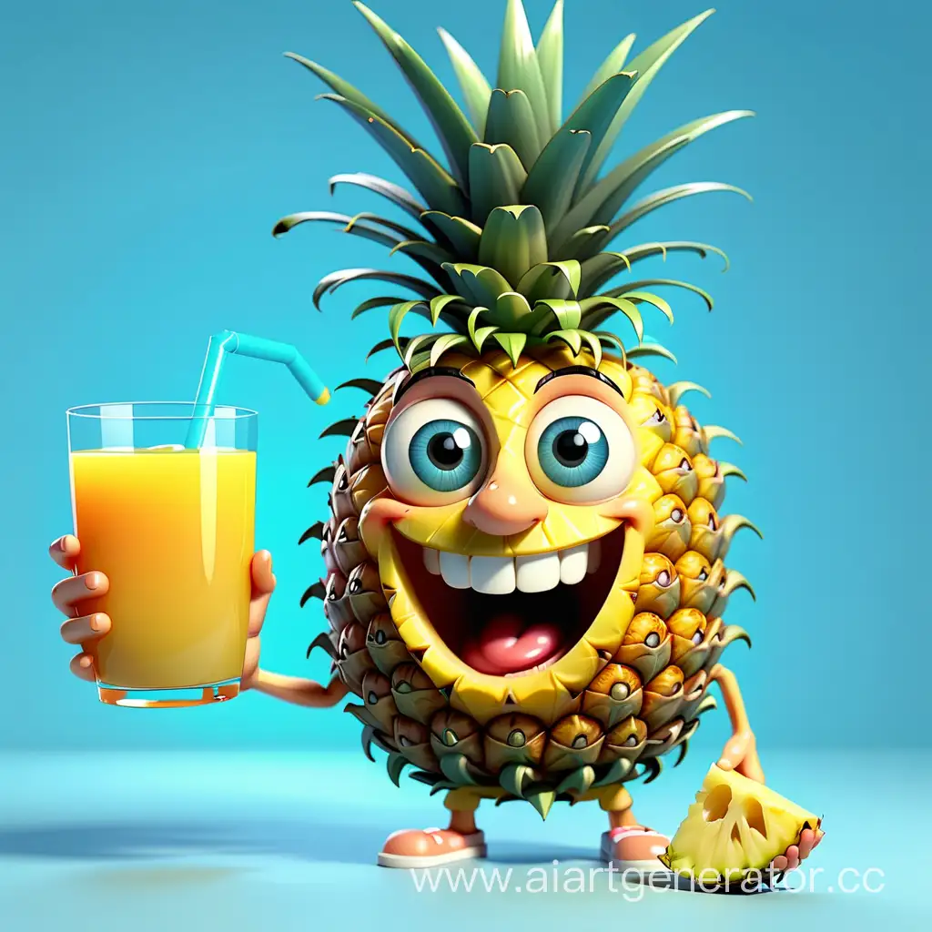 Cartoon 3D one pineapple with eyes and a smile, with a glass of juice in his hand. On a blue background