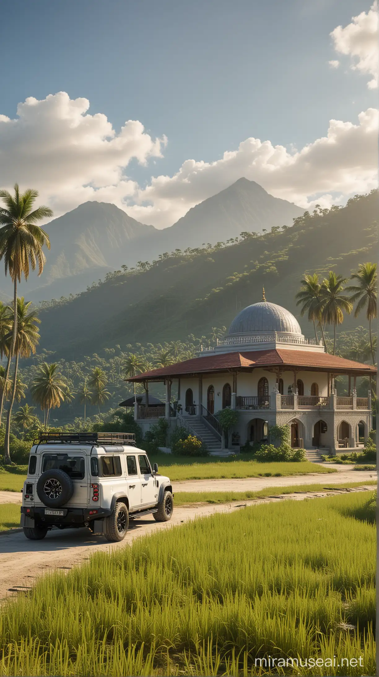 2 floor villa beside a mosque, mountain landscape view, 2024 Land Rover Defender, indonesian muslim family of 5 standing near the car, UHD 16k, realistic, sunny day, ricefield Indonesia