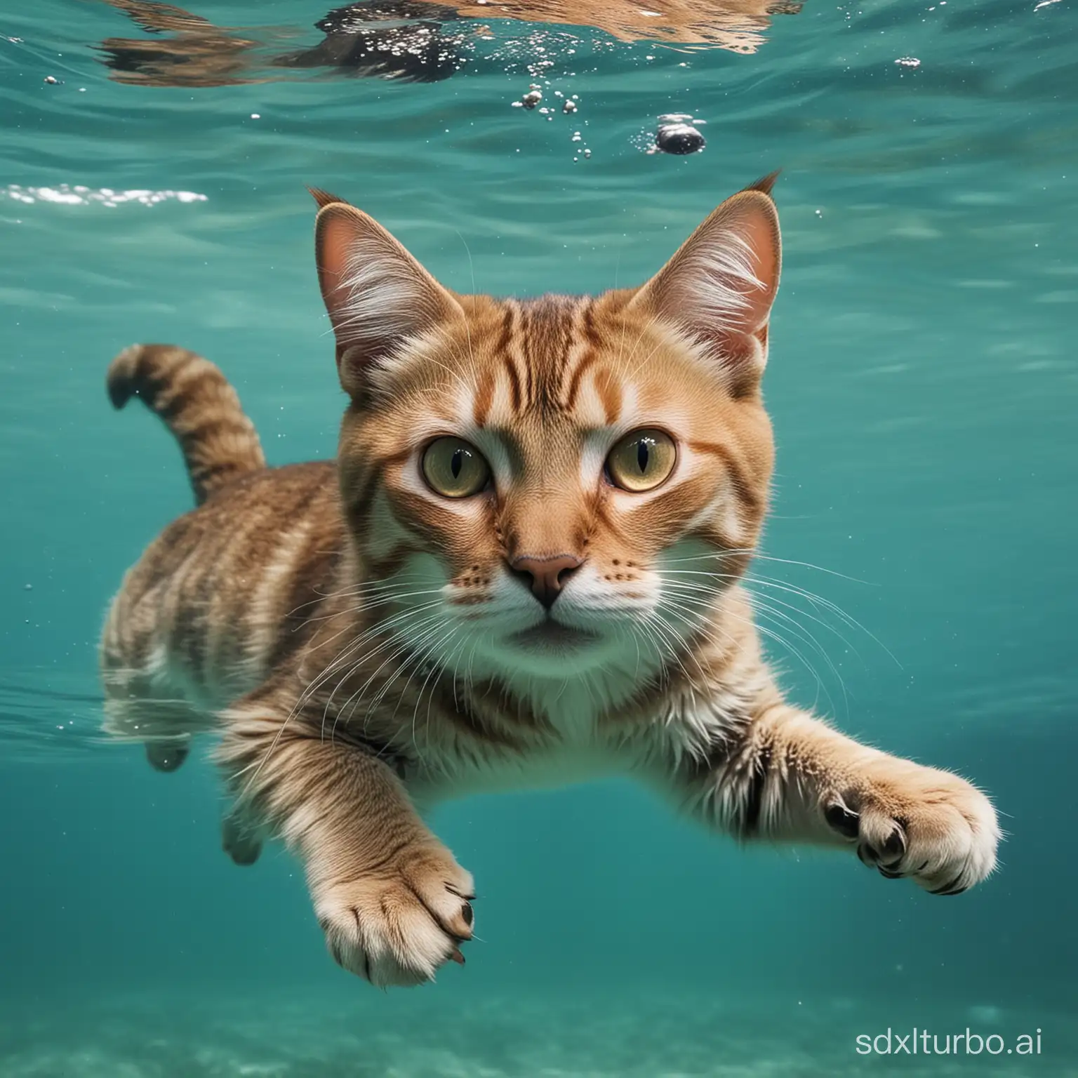 a cat swimming at the bottom of the sea