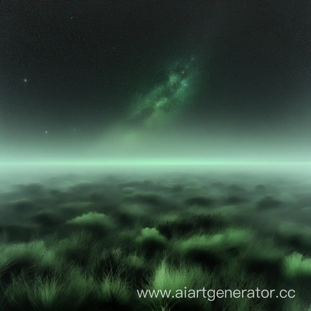  зеленоватый туман на поверхности, в далеке слегка видна растительность,    виден черный  космос и звезды 
 