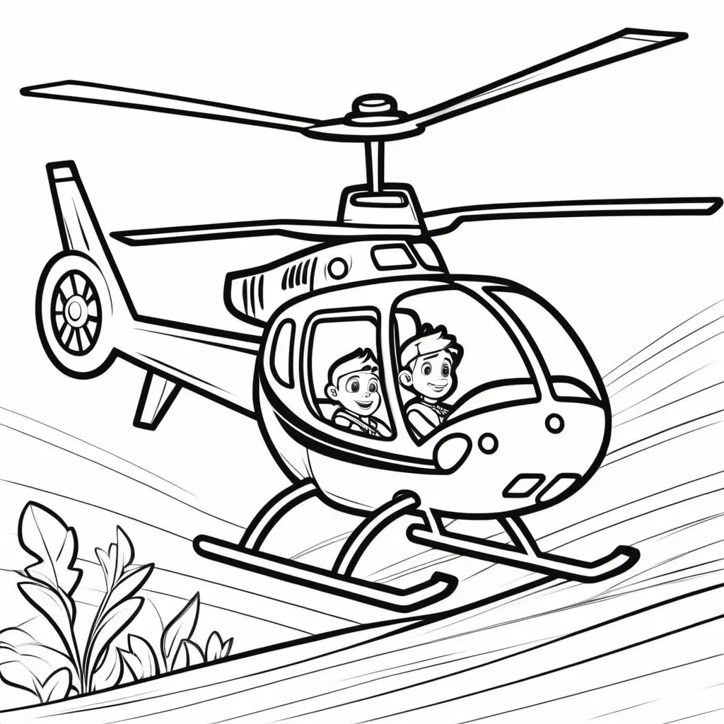 colouring page for kid DRIVING helicopter , boy , cartoon style.
thick lines , low detail , no shading --r 911