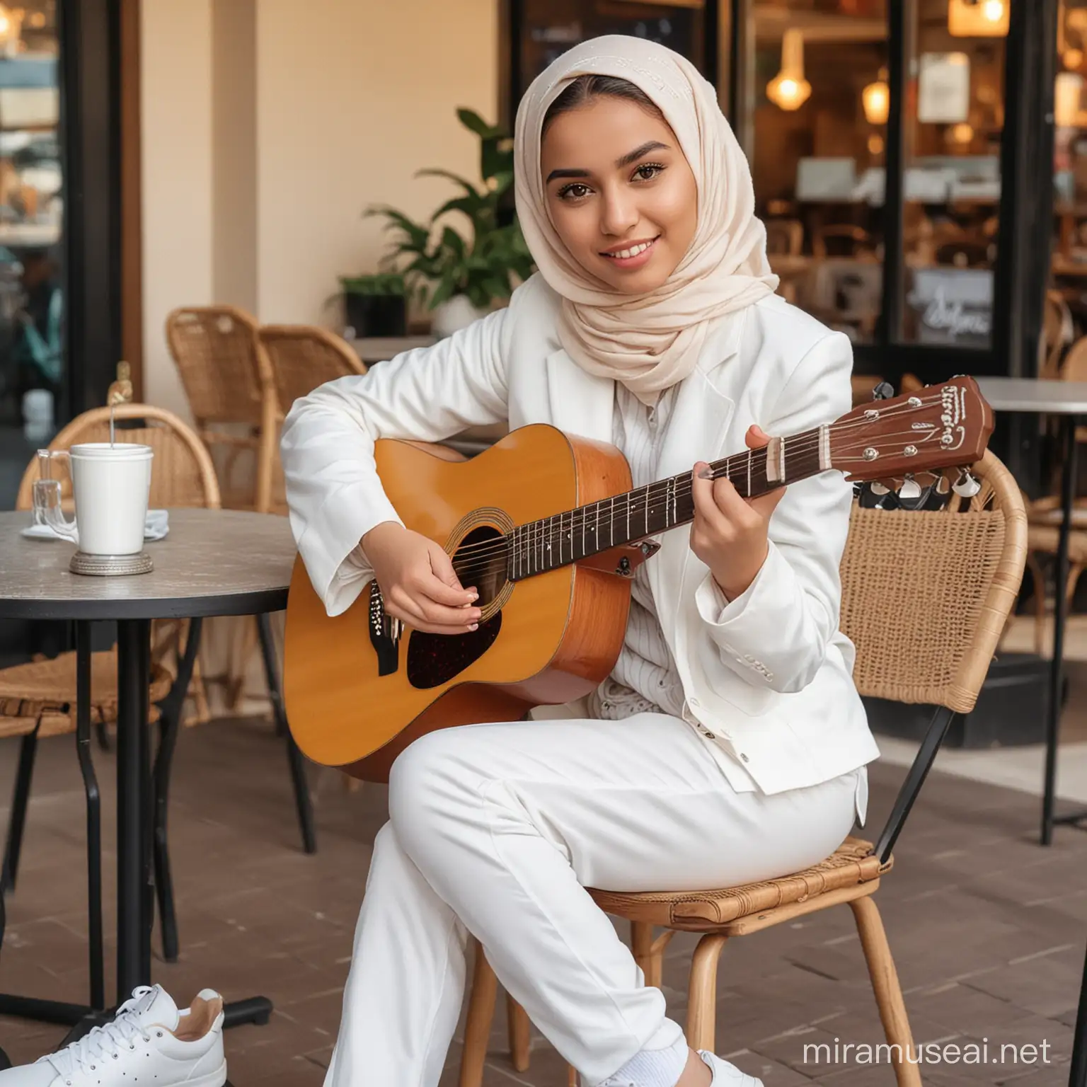 

photograpy of a beautiful girl wearing  hijab and white jacket with the name "ANNA", white trousers, white sneakers, sitting on a chair in a cafe. The girl is holding a guitar as if strumming. Face facing the camera. Cafe background,