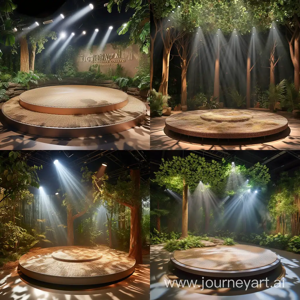 imagine an image of The Safari Collection Zone is designed to provide visitors with an immersive outdoor safari experience. The key features of this zone are carefully crafted to create an atmosphere that closely resembles a natural safari environment.The display platform is a central element of the zone, designed in a circular shape to symbolize the unity and cyclic nature of ecosystems. Elevated 20cm above the ground, the 2m diameter platform is made from recycled aluminum, showcasing sustainability. The surface of the platform is intricately woven with plant fibers, highlighting craftsmanship and further emphasizing the zone's commitment to eco-friendly materials.Faux foliage is strategically placed around the display to mimic a natural setting. These foliage elements are made from high-quality, durable, and visually appealing eco-friendly materials, adding to the overall immersive experience for visitors.Spotlights are positioned to simulate sunlight filtering through trees, casting dynamic shadows and highlighting the features of the zone, creating a visually engaging atmosphere.Lighting plays a crucial role in creating the ambiance of the Safari Collection Zone. A combination of natural daylight from nearby windows and focused LED spotlights work together to create a vivid, lifelike environment that enhances the overall experience for visitors.Overall, the design and atmosphere of the Safari Collection Zone are carefully curated to transport visitors to a safari environment, utilizing natural light and thematic elements to create an immersive and engaging experience.realistic style