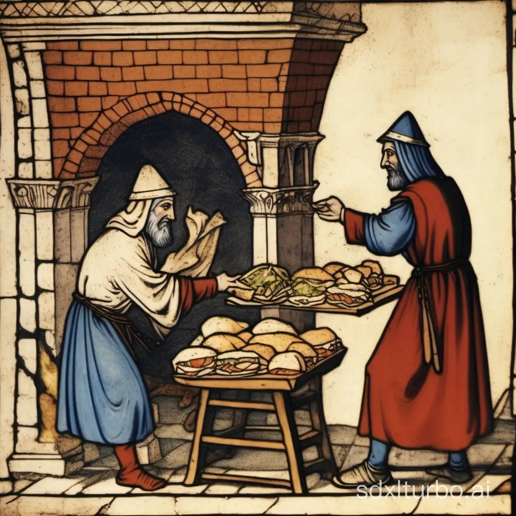 medieval image of christian pilgrim buying a döner kebab in istanbul
