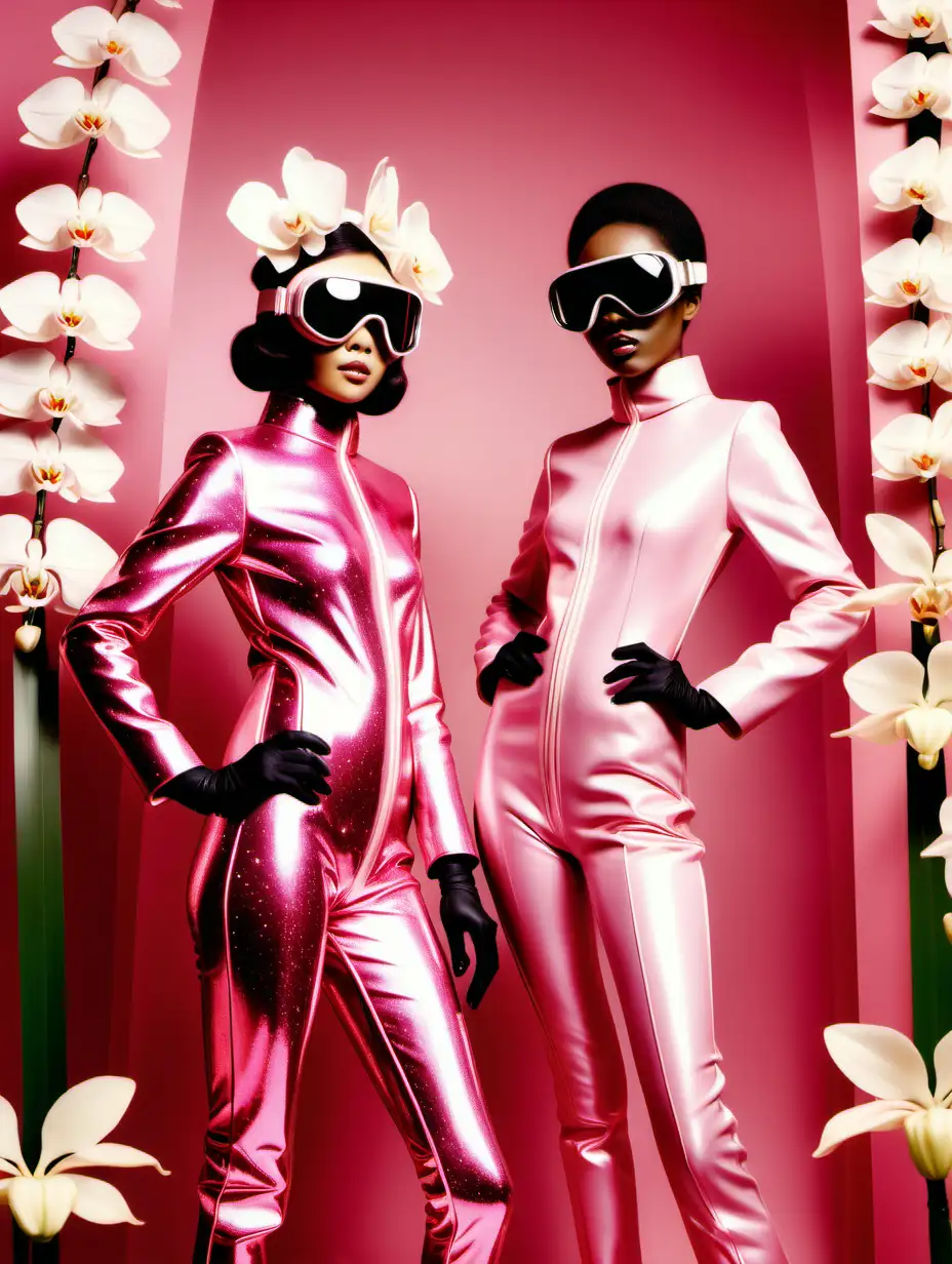 a chinese woman model and a black woman model, full-body fashion shoot, wearing haute couture warm pink swarovski glittering space suits with futuristic ski goggles on their heads, 1960s background with white orchids, warm-toned, soft light, 35mm photography

