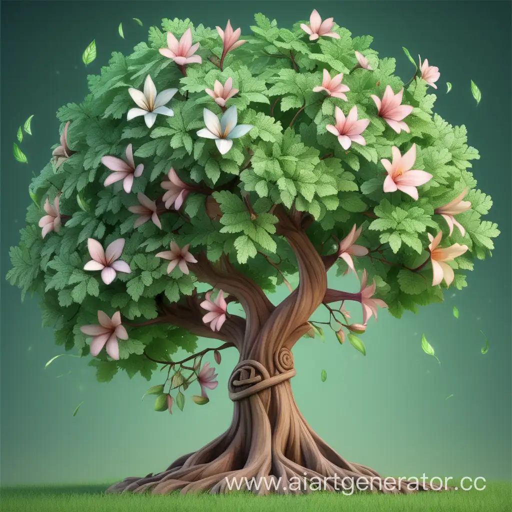 a fairy tail tree with green leaves and beautiful flowers on solid background