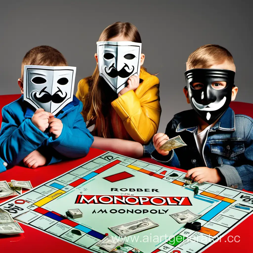 1 девочка и 2 парня играют в монополию в грабительских масках и пиджаках