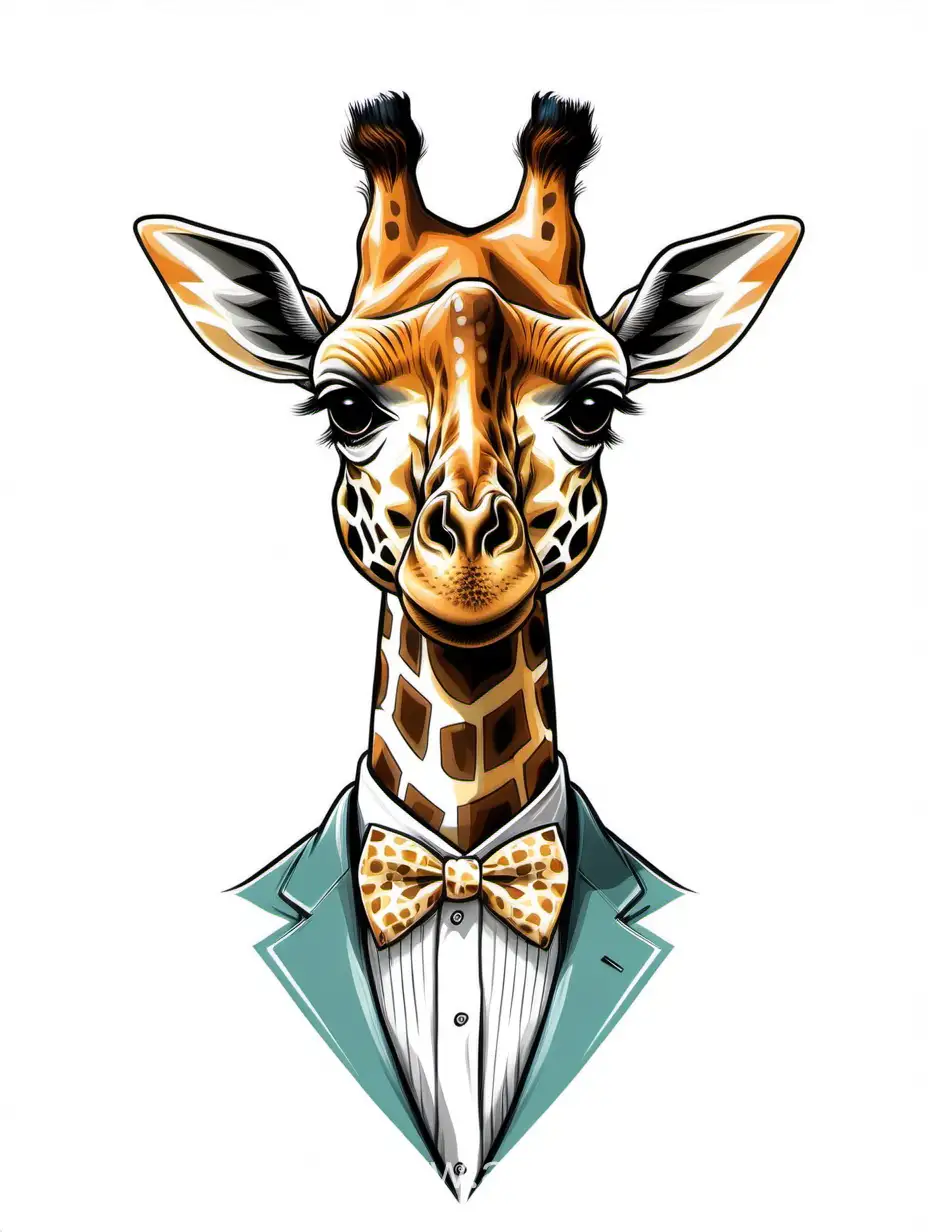  A giraffe wearing a bow tie with the text "Tall and stylish" for T-shirt design, on a white background. 