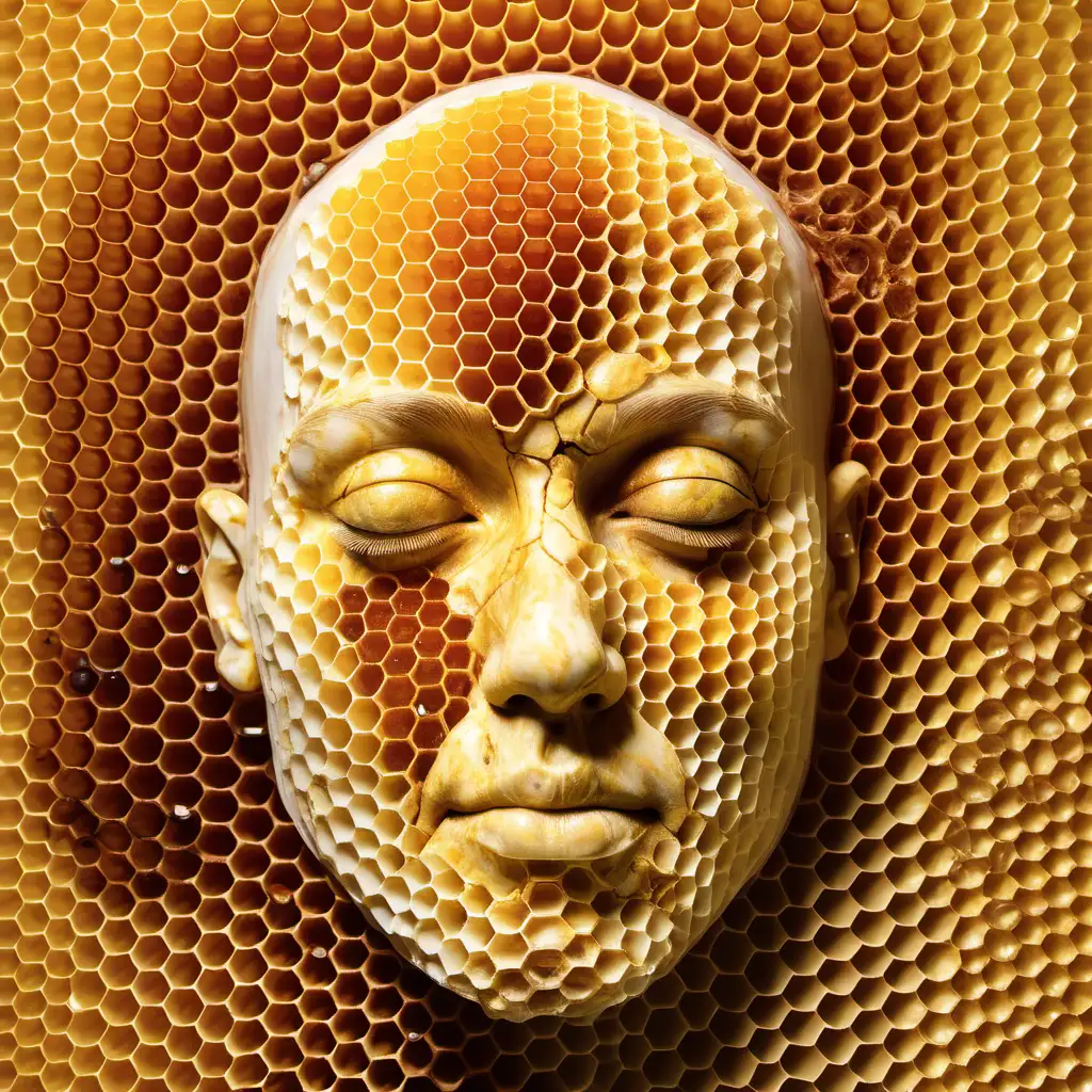 Scientific Lab Experiment Human Face Model with Closed Eyes Crafted from Abandoned Honeycomb