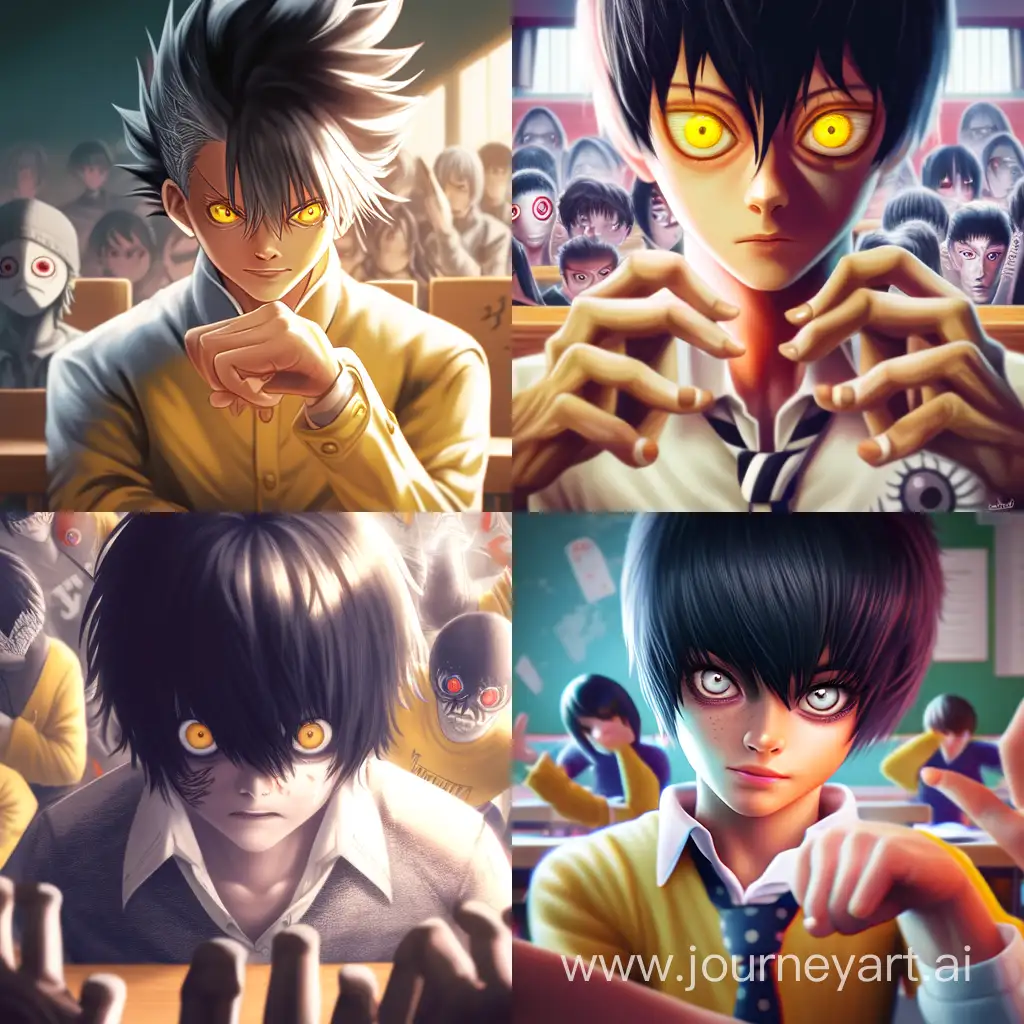 1boy,((masterpiece)), solo, best illustration, black hair, yellow eyes, insane, classroom scene, near the school board, (clear focus), ultra-high resolution, HD, 4k, fine details of eyes and hands, bright colors, (best quality), ((best anatomy)), I look at the viewer, straight hair, short hair, clear details, ultra details, more prism, square frame glasses, teacher, classic black formal suit, (male focus), yandere, a black striped tie, a white blouse, (mature man), masculine body, teaching a lesson, side, crazy smile, anime art
