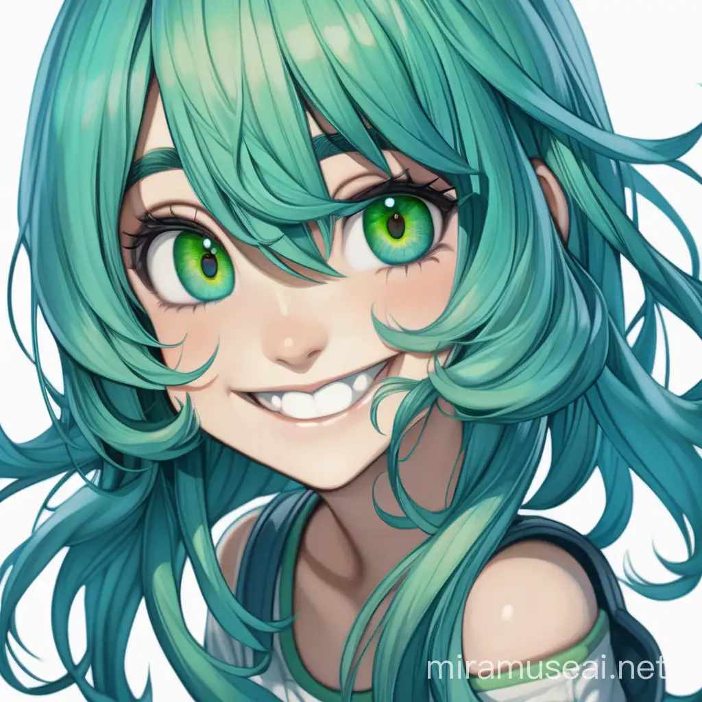 Smiling Woman with BlueGreen Hair and Green Eyes