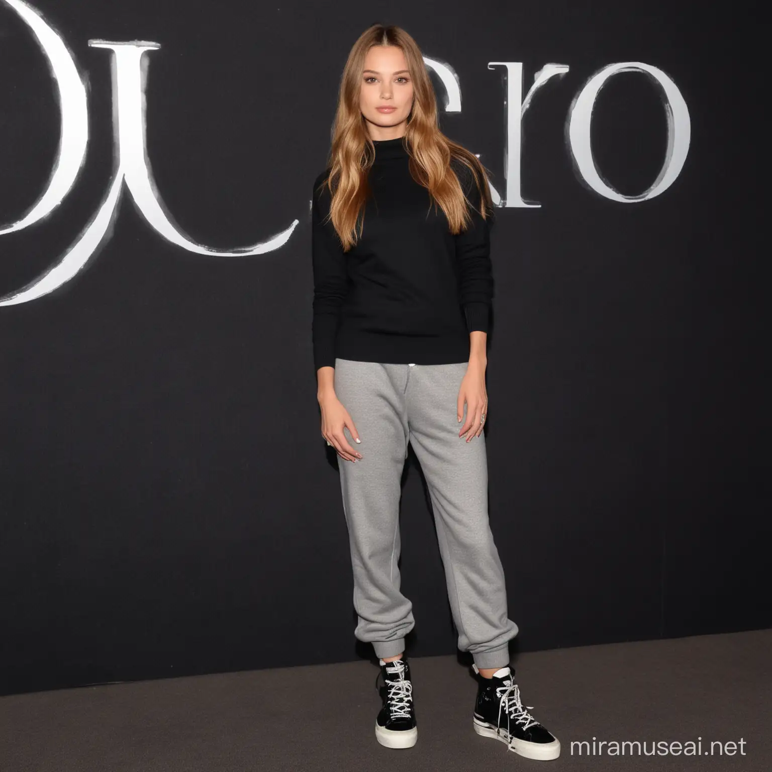 A young woman, not tall, skinny, with a small butt and small breasts, with a short neck and fingers. With long, thick light brown hair. Dressed in a stretched gray sweater and black wide trousers and sneakers on her feet. Standing on the black carpet at an event from Dior 